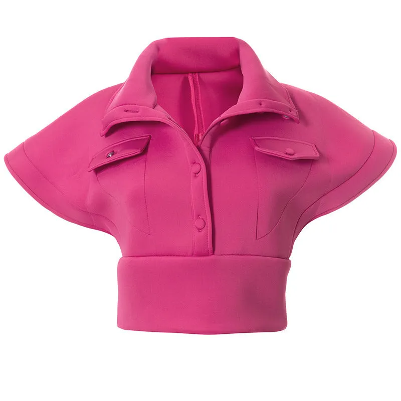 2023 Turn-Down Collar Single Breasted Crop Top Flying Sleeve Casual Vest 2021 Women short fall fashion coats