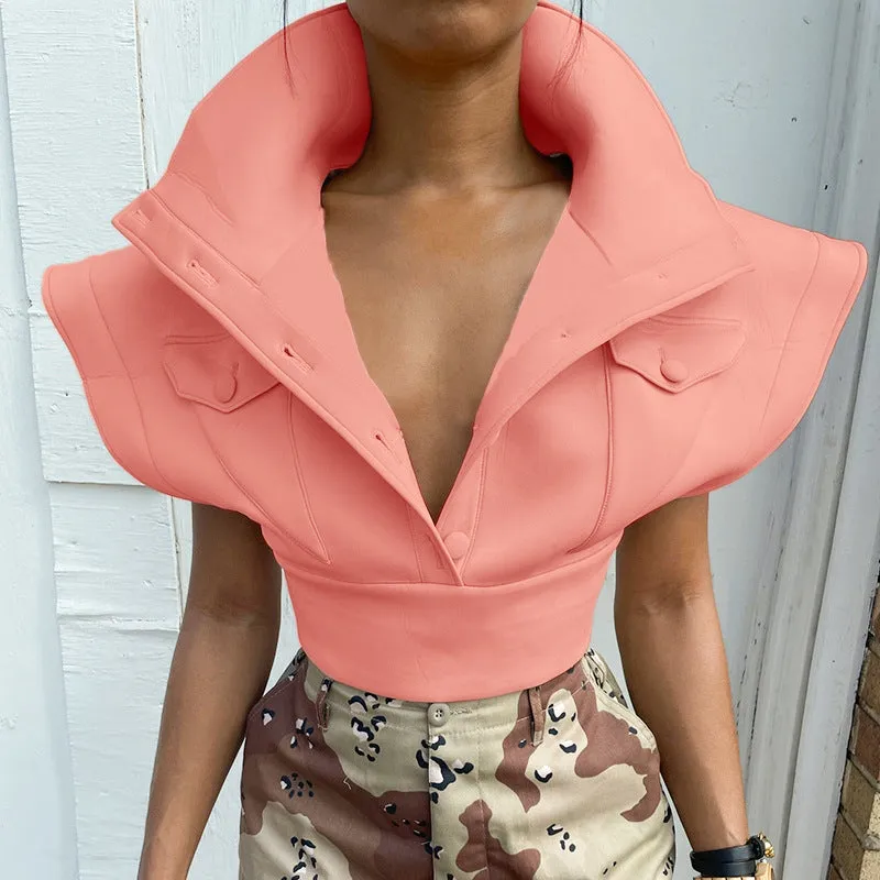 2023 Turn-Down Collar Single Breasted Crop Top Flying Sleeve Casual Vest 2021 Women short fall fashion coats