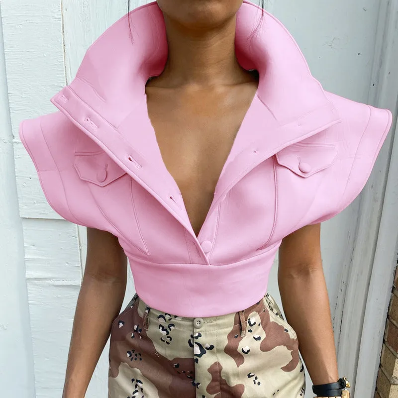 2023 Turn-Down Collar Single Breasted Crop Top Flying Sleeve Casual Vest 2021 Women short fall fashion coats