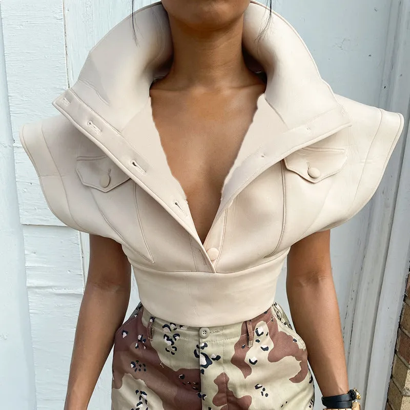 2023 Turn-Down Collar Single Breasted Crop Top Flying Sleeve Casual Vest 2021 Women short fall fashion coats