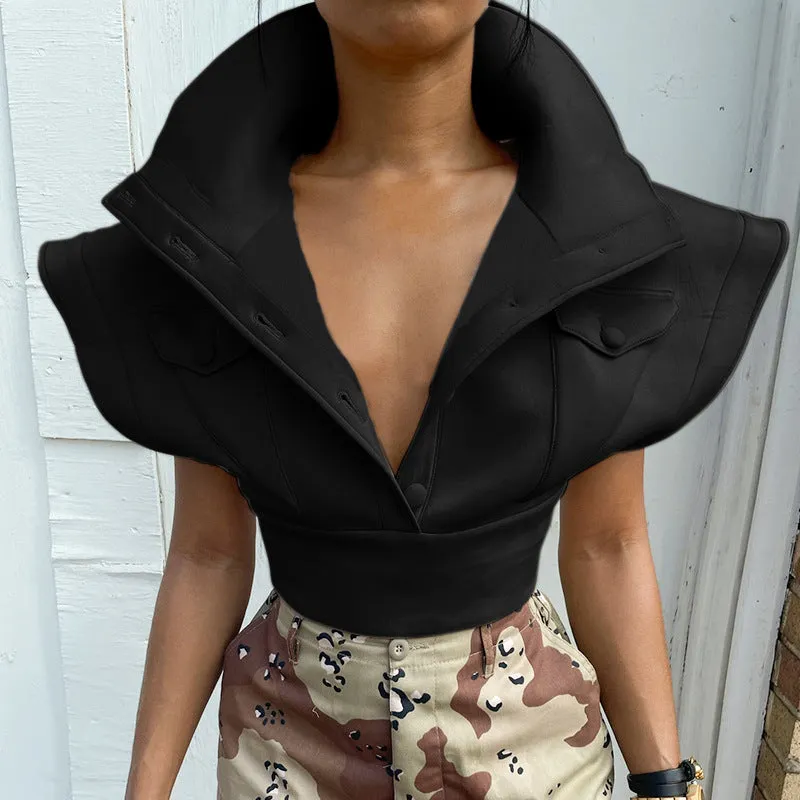 2023 Turn-Down Collar Single Breasted Crop Top Flying Sleeve Casual Vest 2021 Women short fall fashion coats
