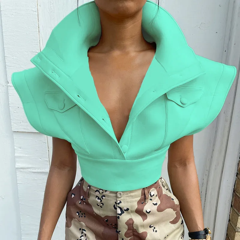 2023 Turn-Down Collar Single Breasted Crop Top Flying Sleeve Casual Vest 2021 Women short fall fashion coats