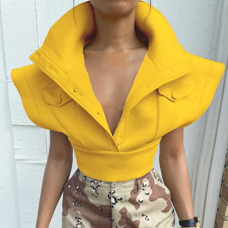2023 Turn-Down Collar Single Breasted Crop Top Flying Sleeve Casual Vest 2021 Women short fall fashion coats
