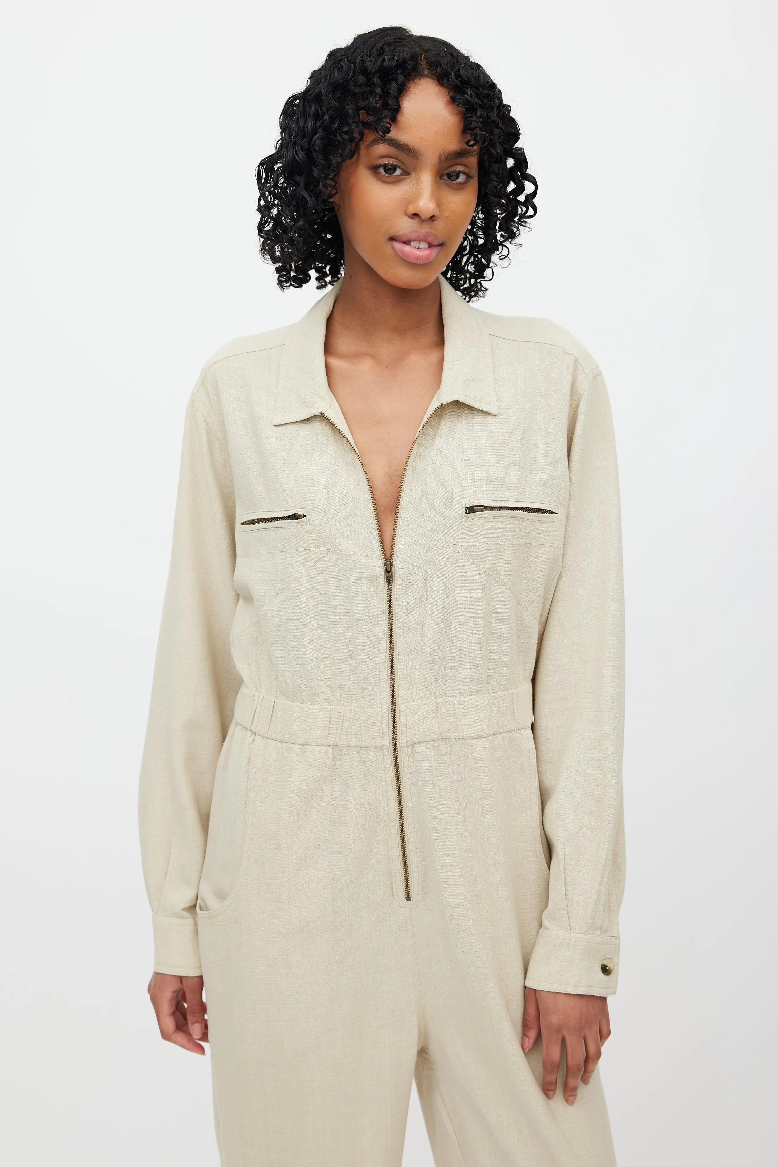 Beige Silk Zip Up Jumpsuit