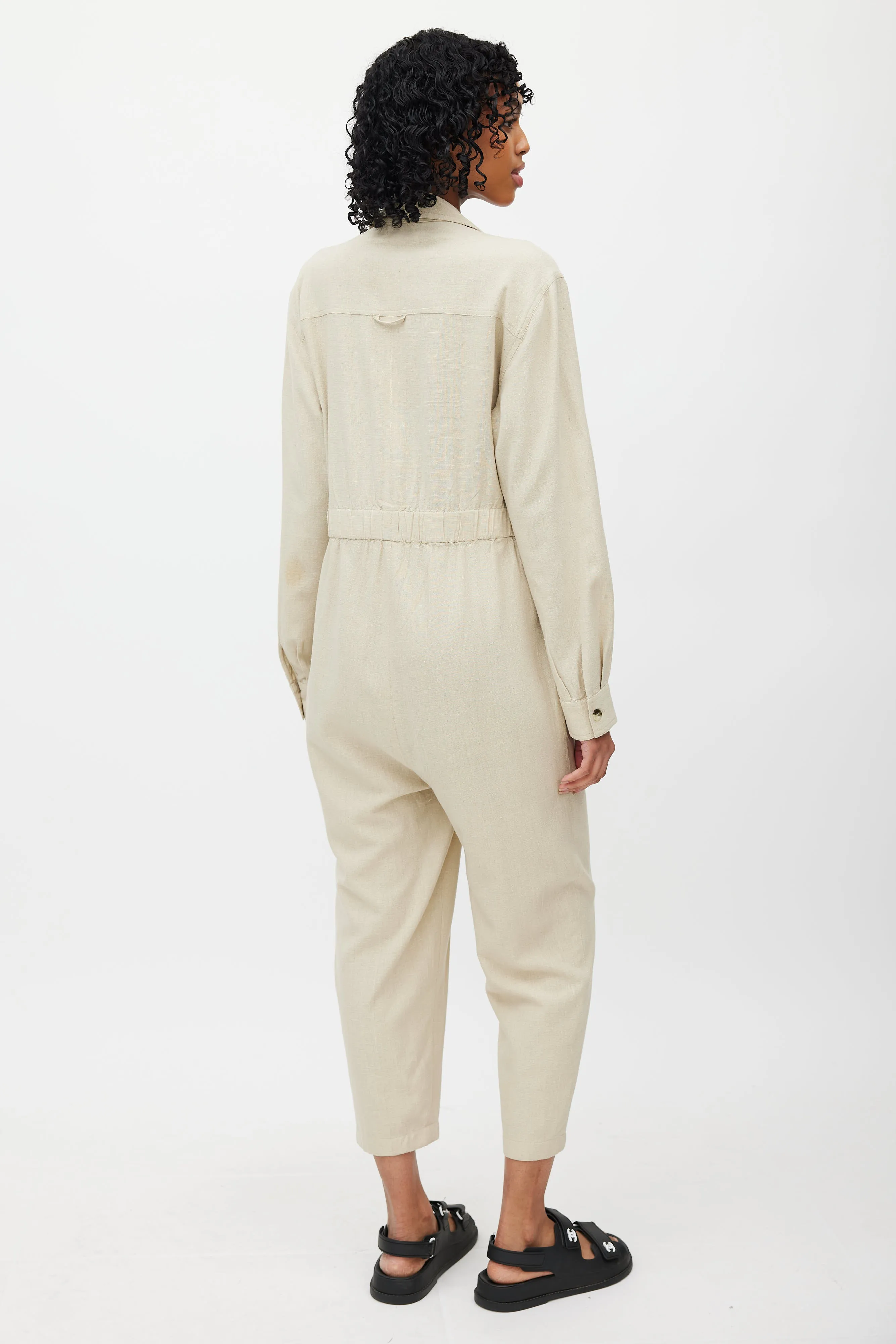 Beige Silk Zip Up Jumpsuit