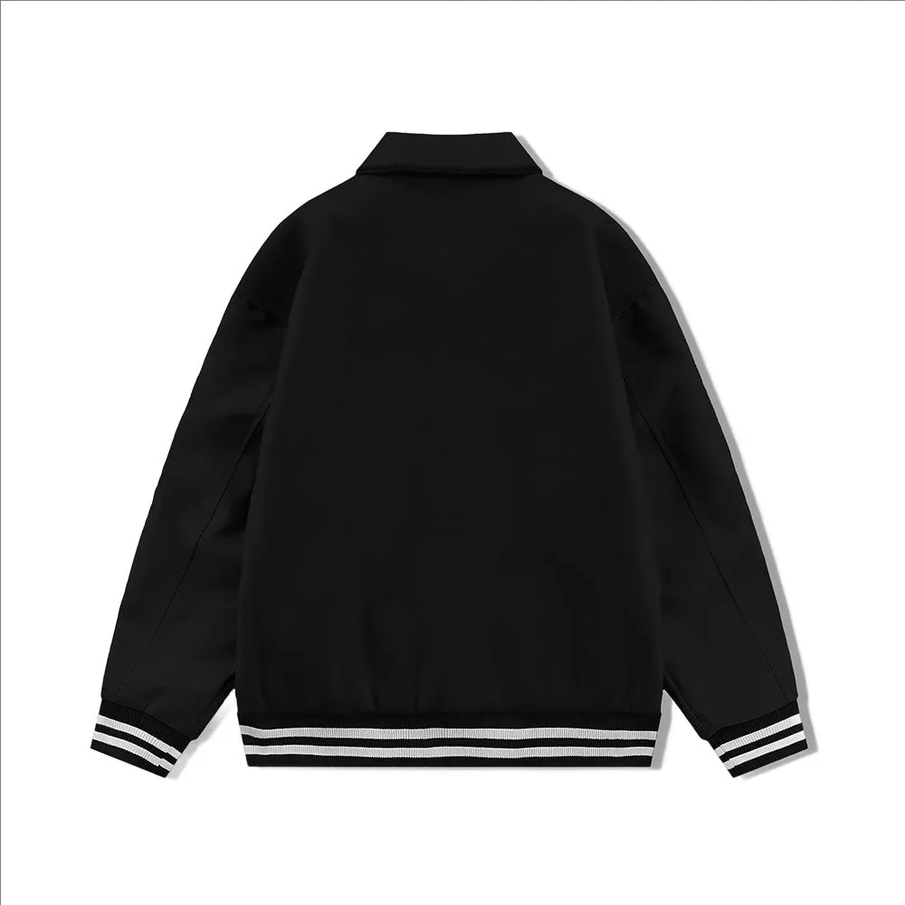 Black Byron Collar Wool & Leather Varsity Jacket With White Stripes - Jack N Hoods