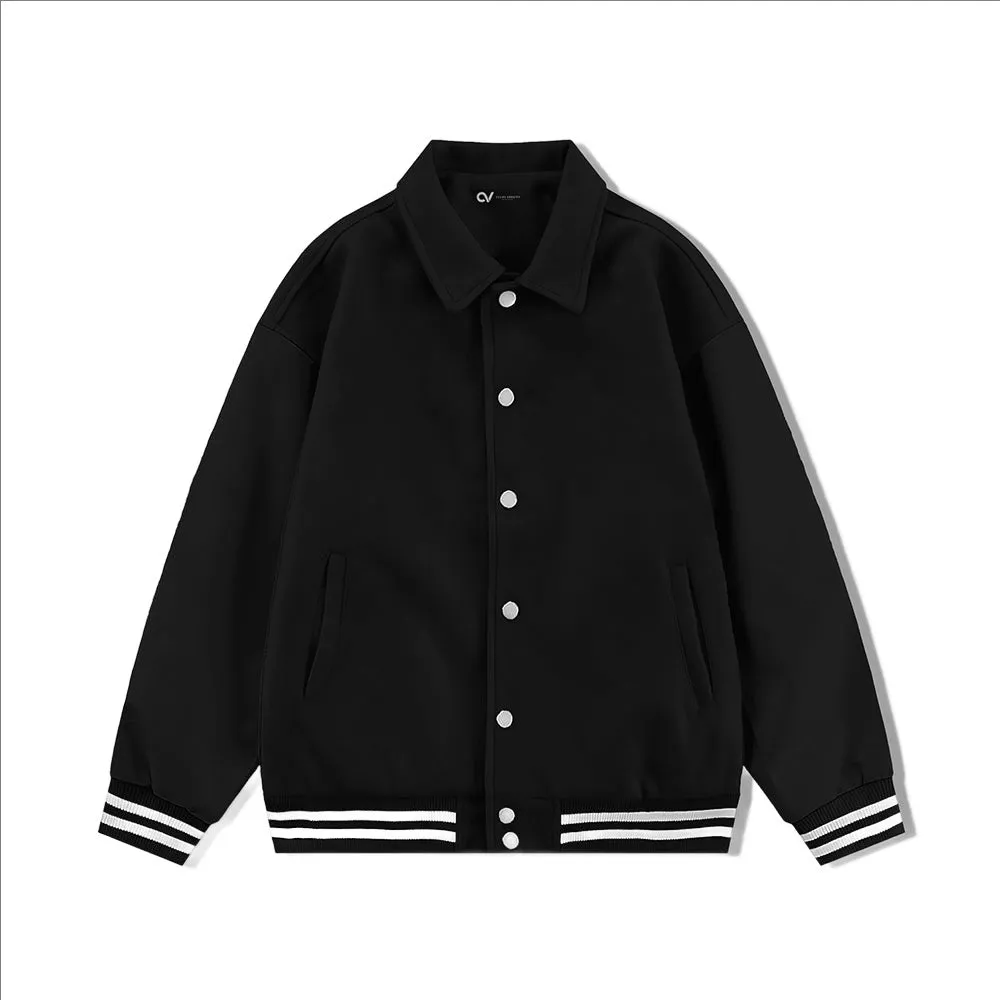 Black Byron Collar Wool & Leather Varsity Jacket With White Stripes - Jack N Hoods