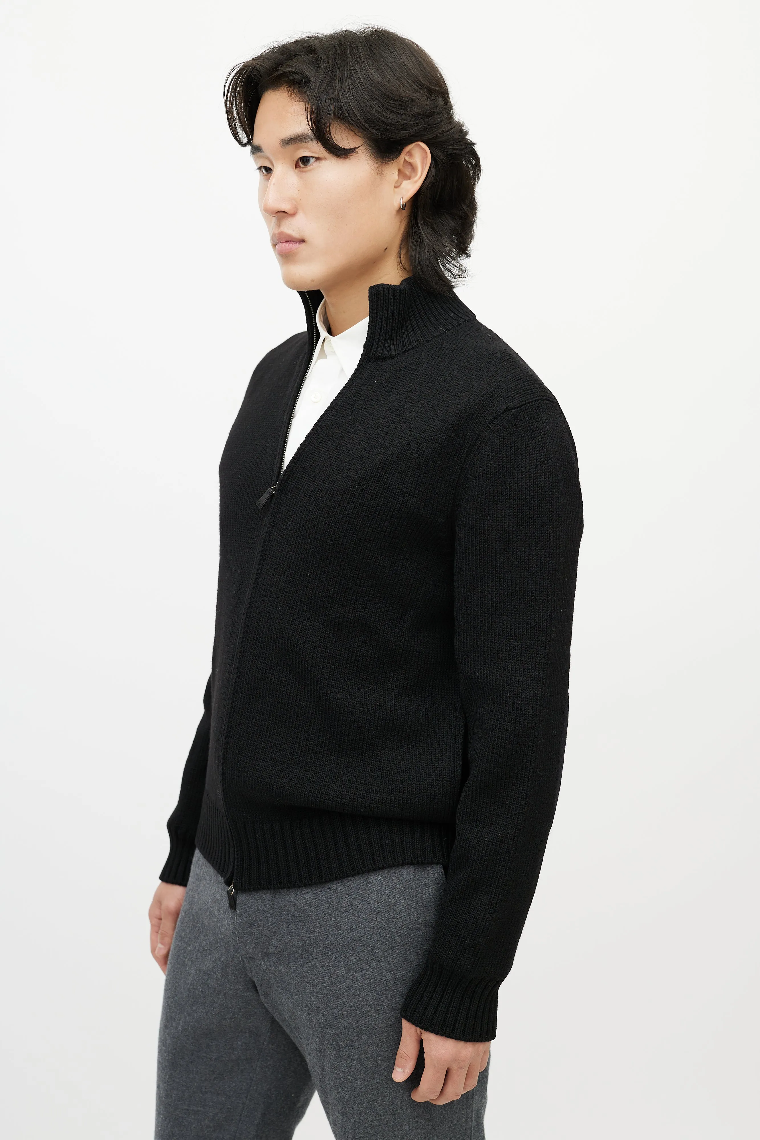 Black Wool Zip Up Sweater