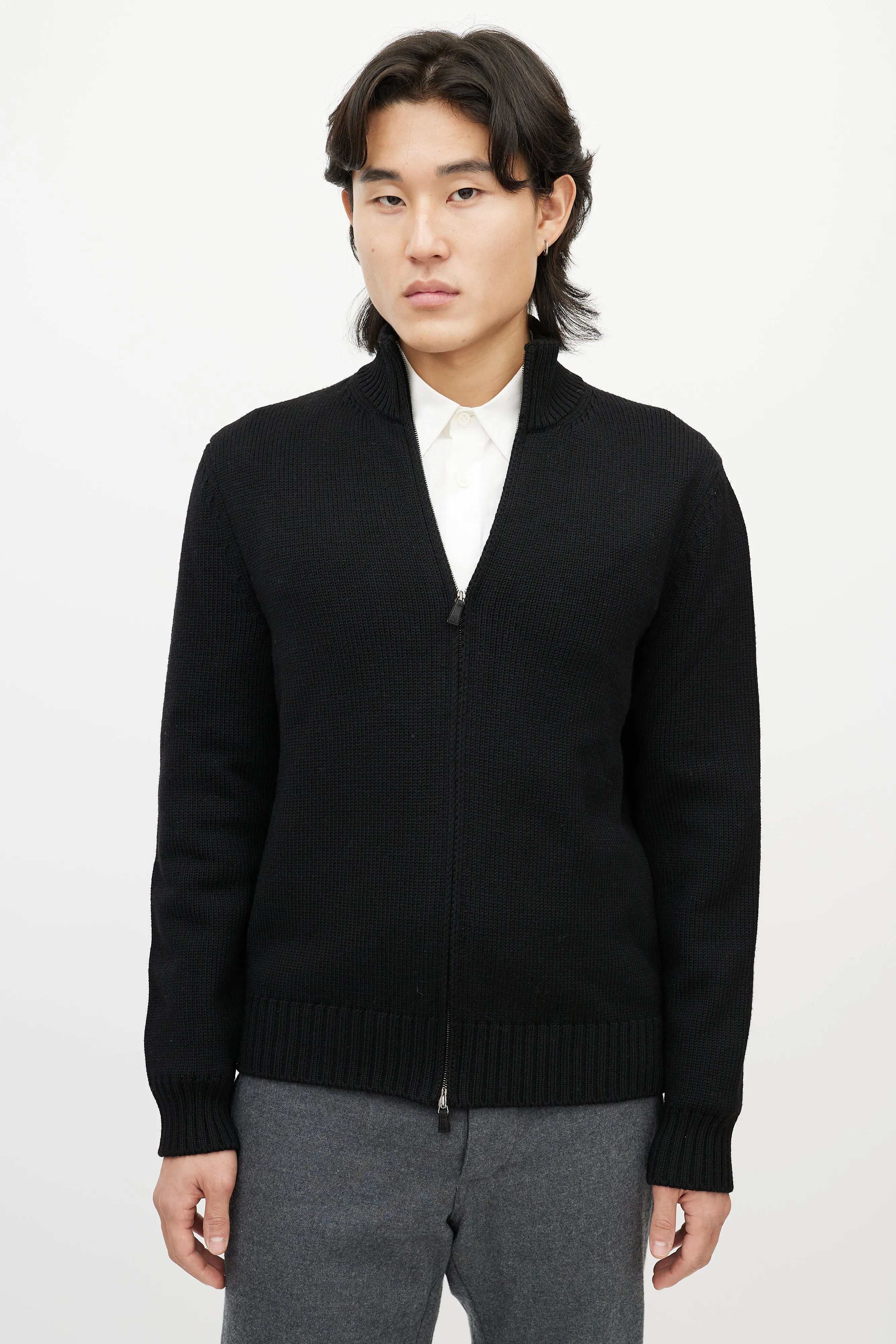 Black Wool Zip Up Sweater