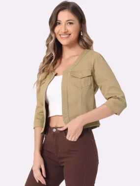 Denim Collarless Pockets 3/4 Sleeve Feminine Style Jacket