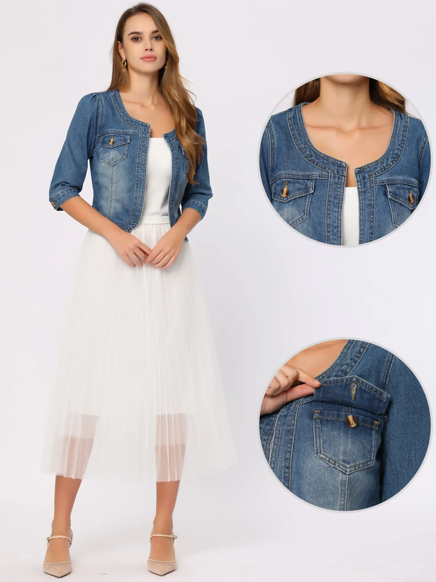 Denim Collarless Pockets 3/4 Sleeve Feminine Style Jacket