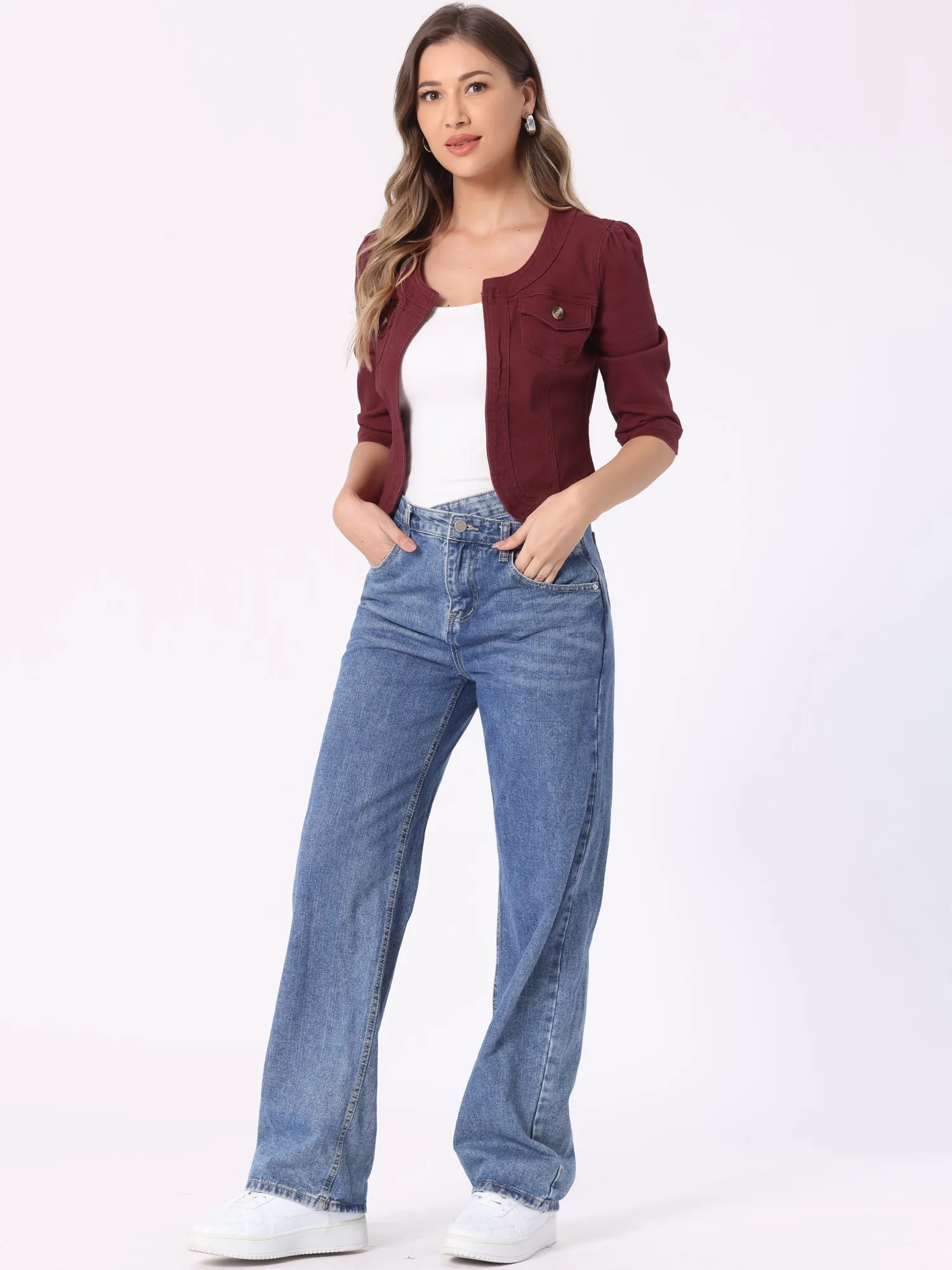 Denim Collarless Pockets 3/4 Sleeve Feminine Style Jacket