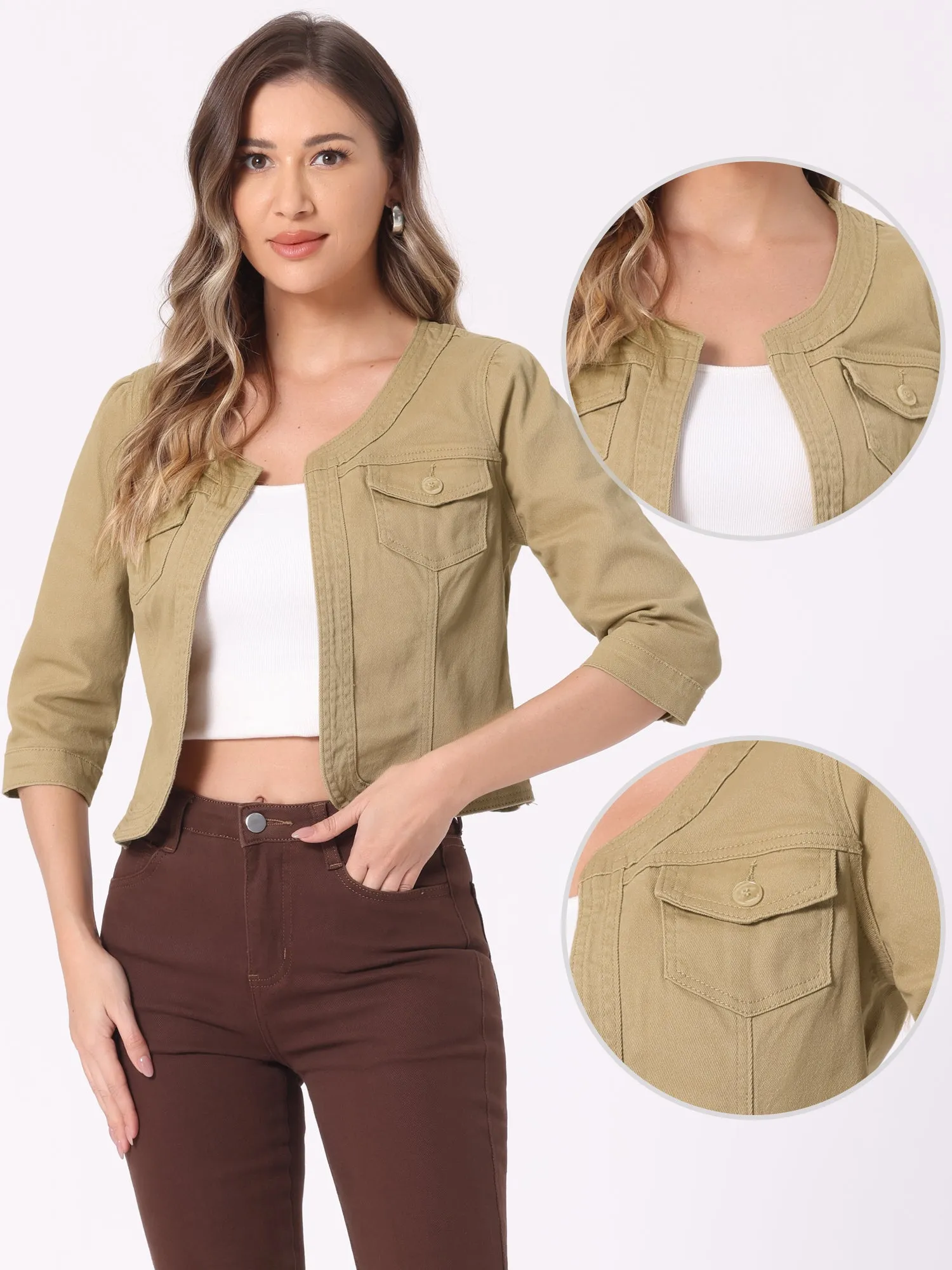 Denim Collarless Pockets 3/4 Sleeve Feminine Style Jacket