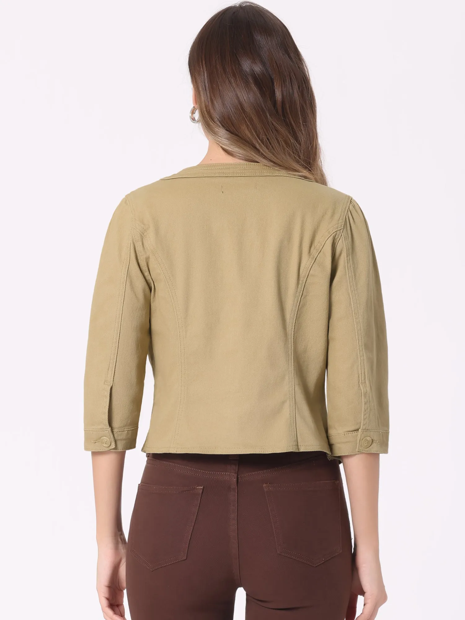 Denim Collarless Pockets 3/4 Sleeve Feminine Style Jacket