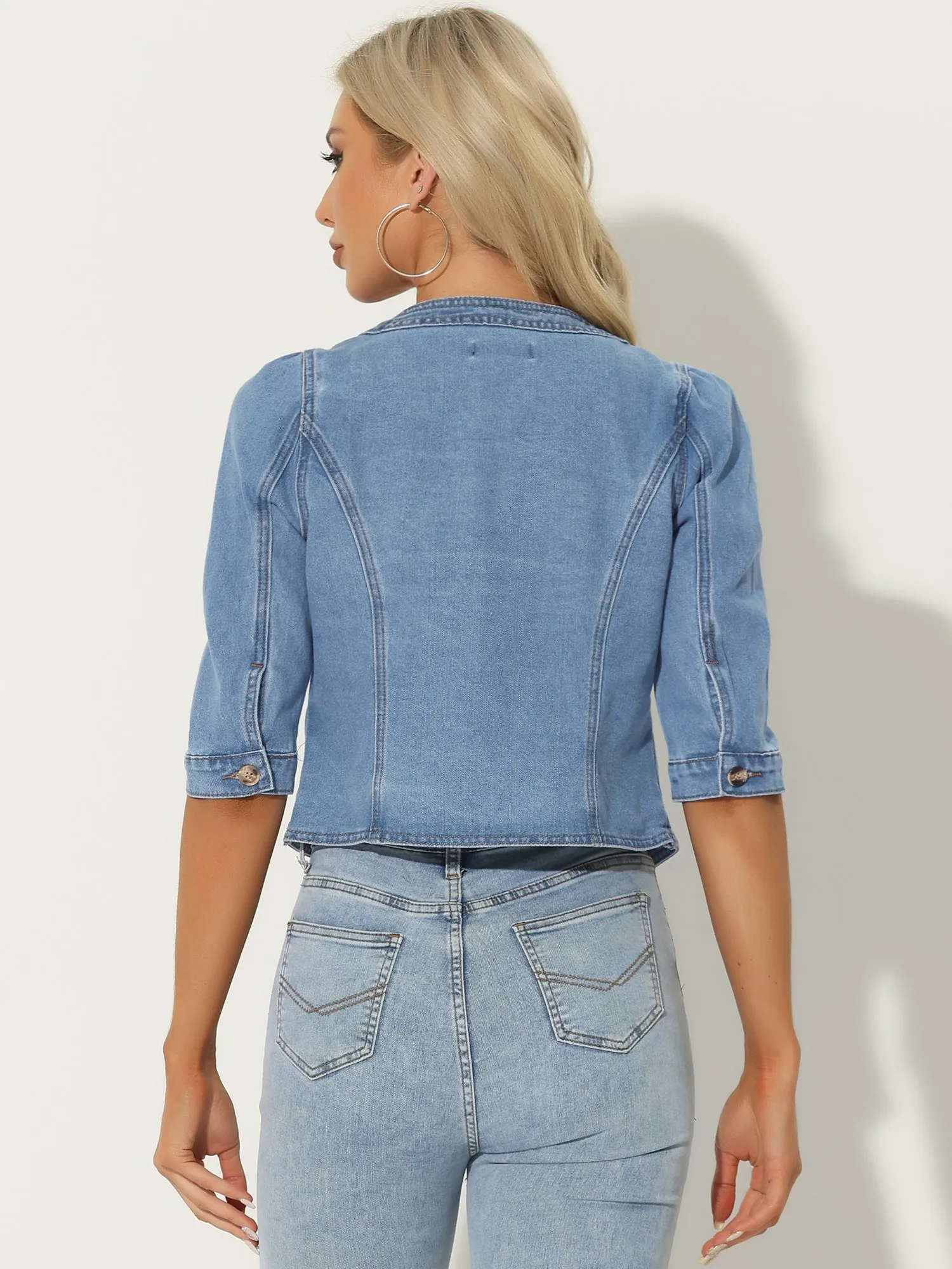Denim Collarless Pockets 3/4 Sleeve Feminine Style Jacket