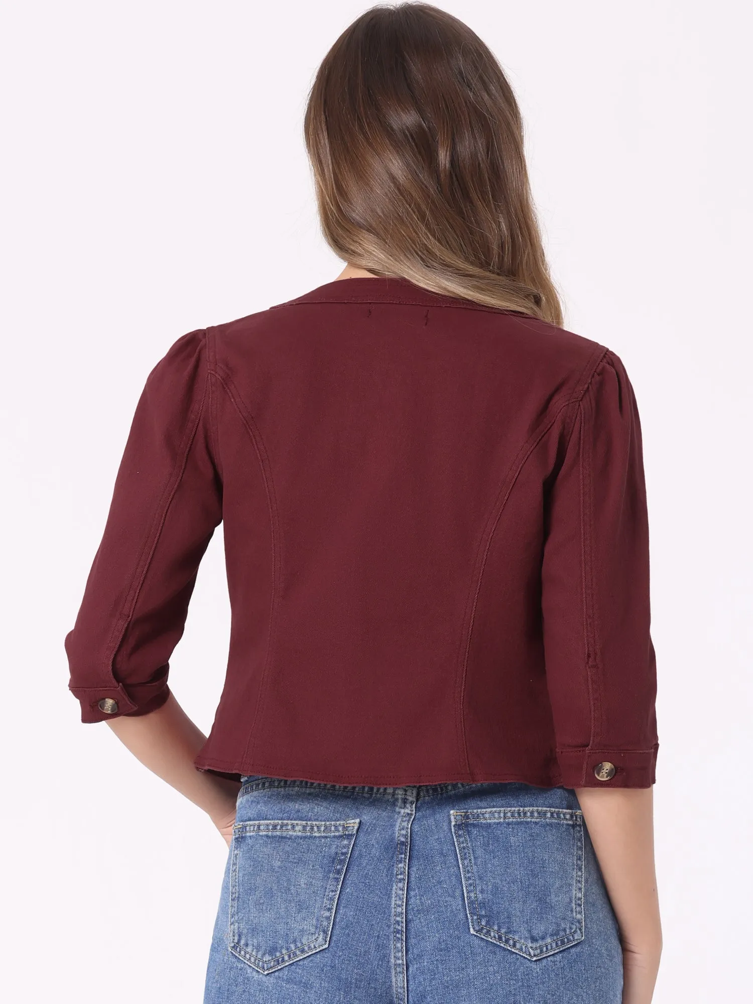 Denim Collarless Pockets 3/4 Sleeve Feminine Style Jacket