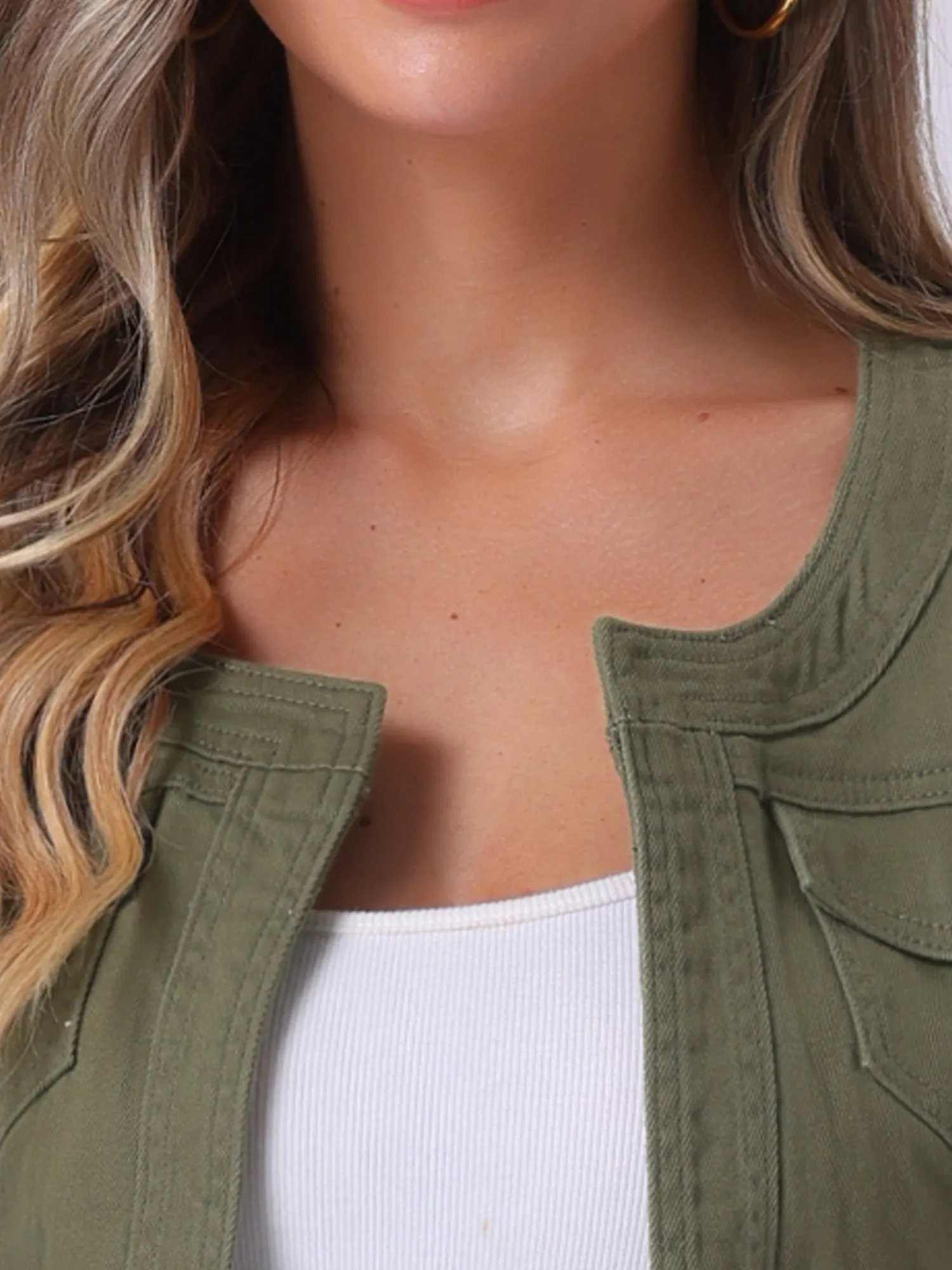 Denim Collarless Pockets 3/4 Sleeve Feminine Style Jacket