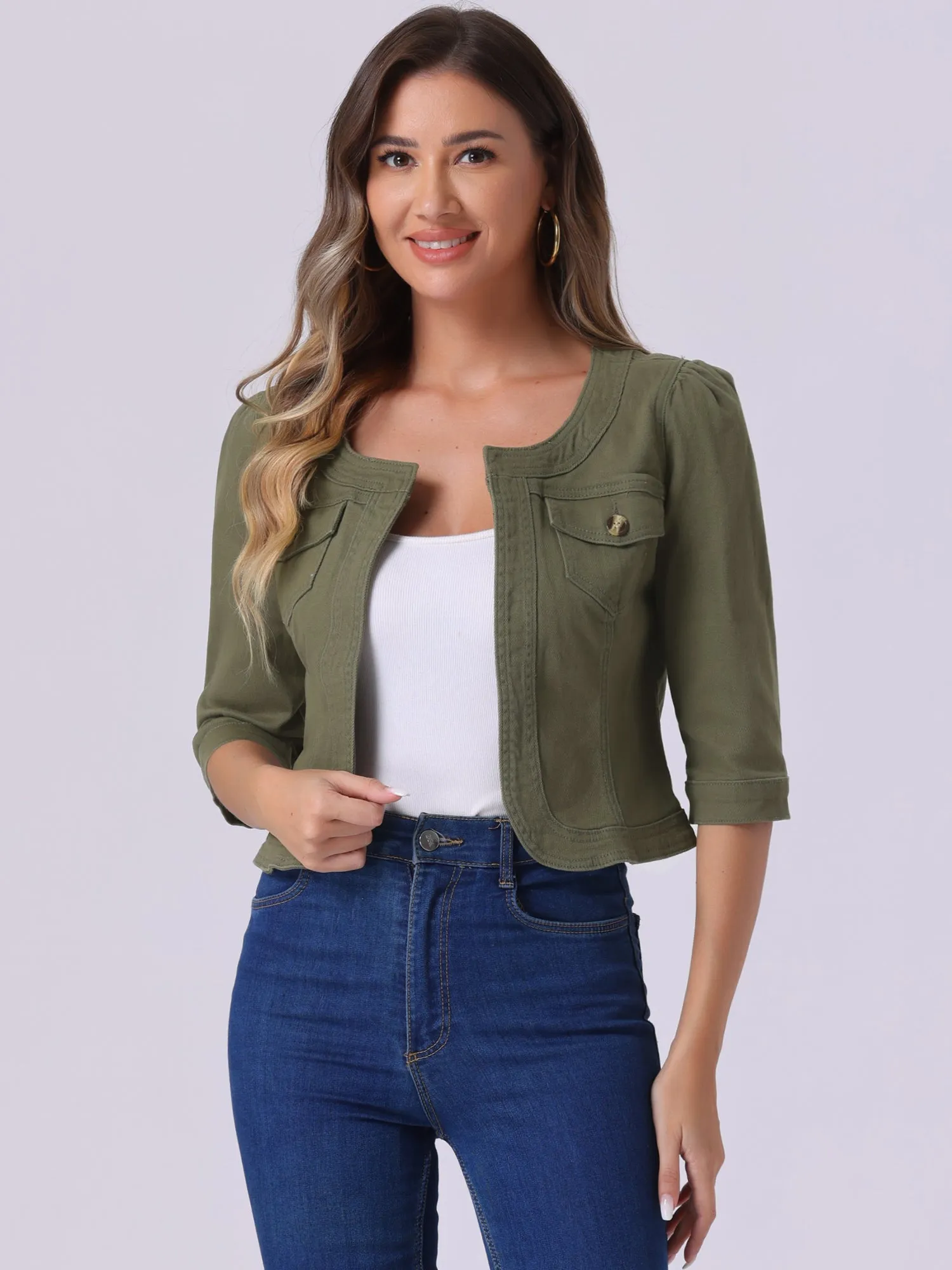Denim Collarless Pockets 3/4 Sleeve Feminine Style Jacket