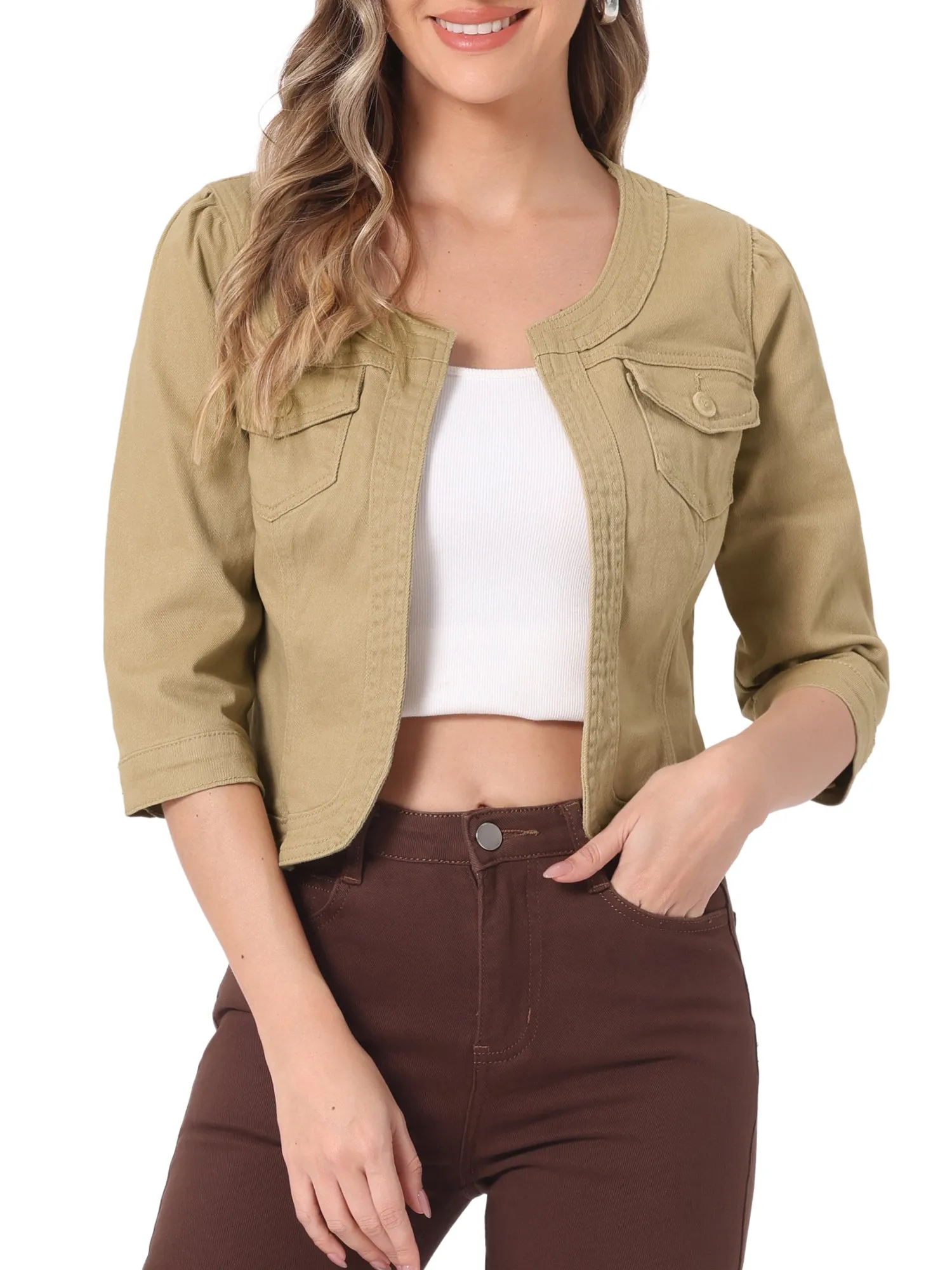 Denim Collarless Pockets 3/4 Sleeve Feminine Style Jacket