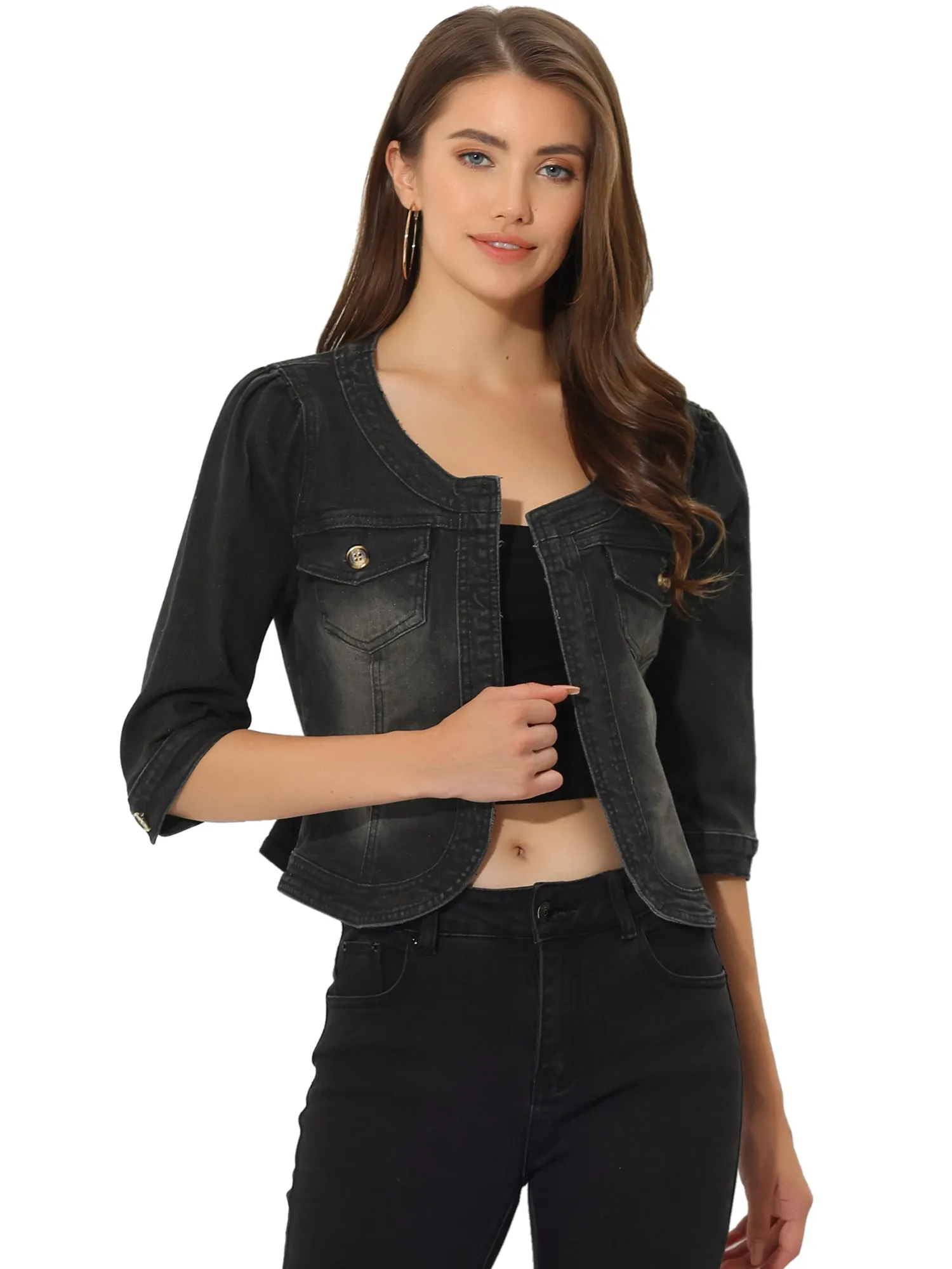 Denim Collarless Pockets 3/4 Sleeve Feminine Style Jacket