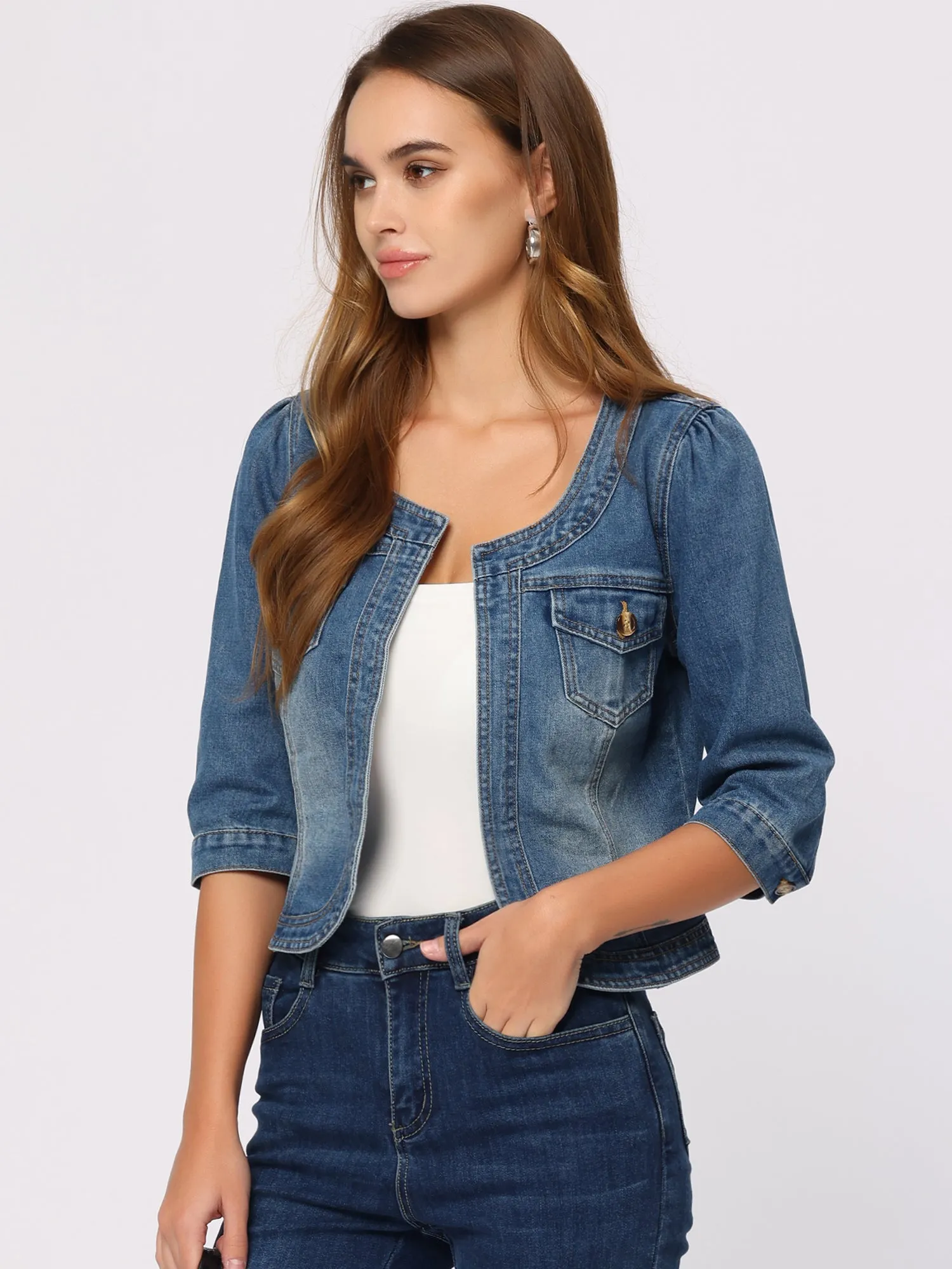 Denim Collarless Pockets 3/4 Sleeve Feminine Style Jacket