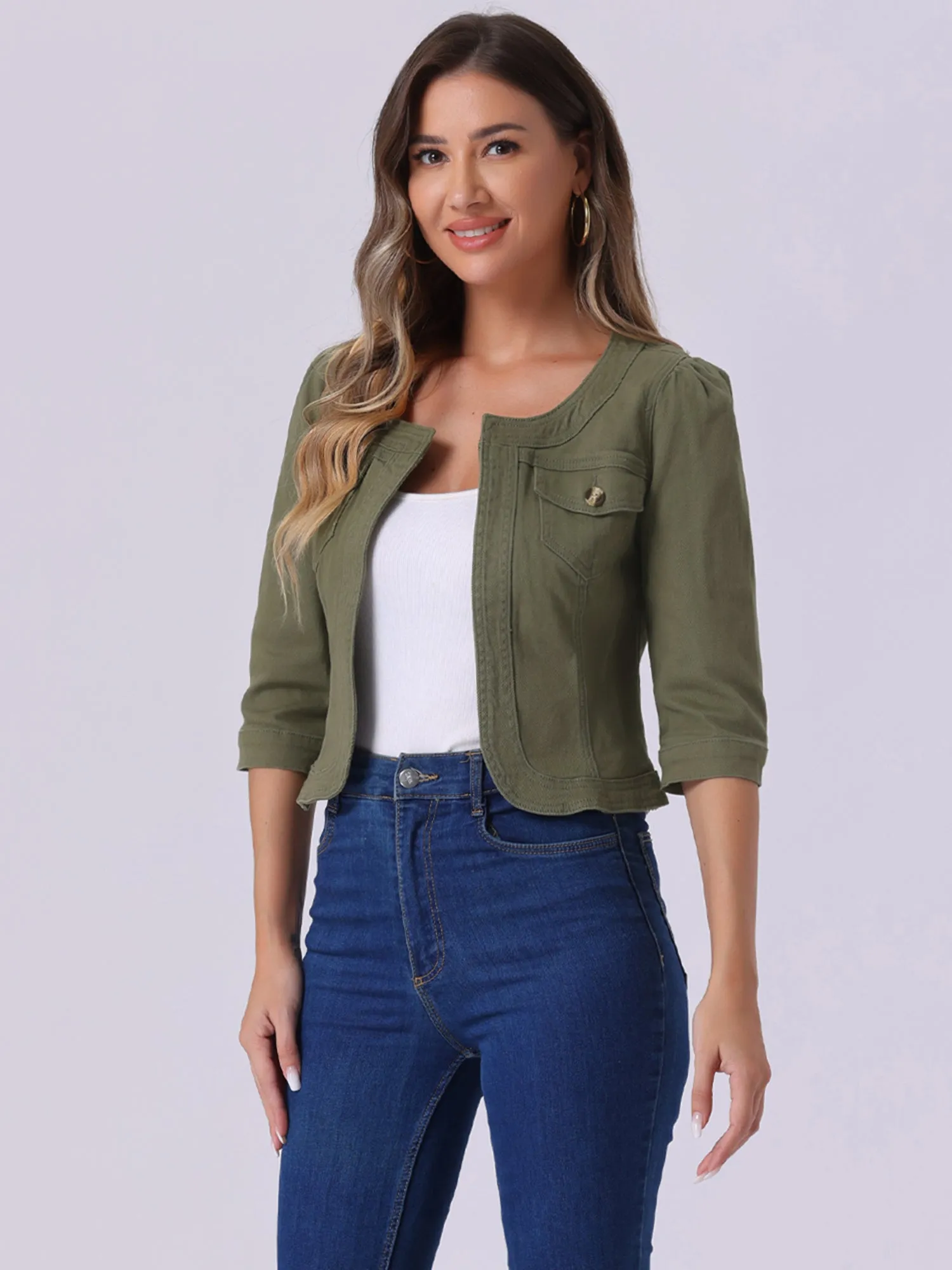 Denim Collarless Pockets 3/4 Sleeve Feminine Style Jacket