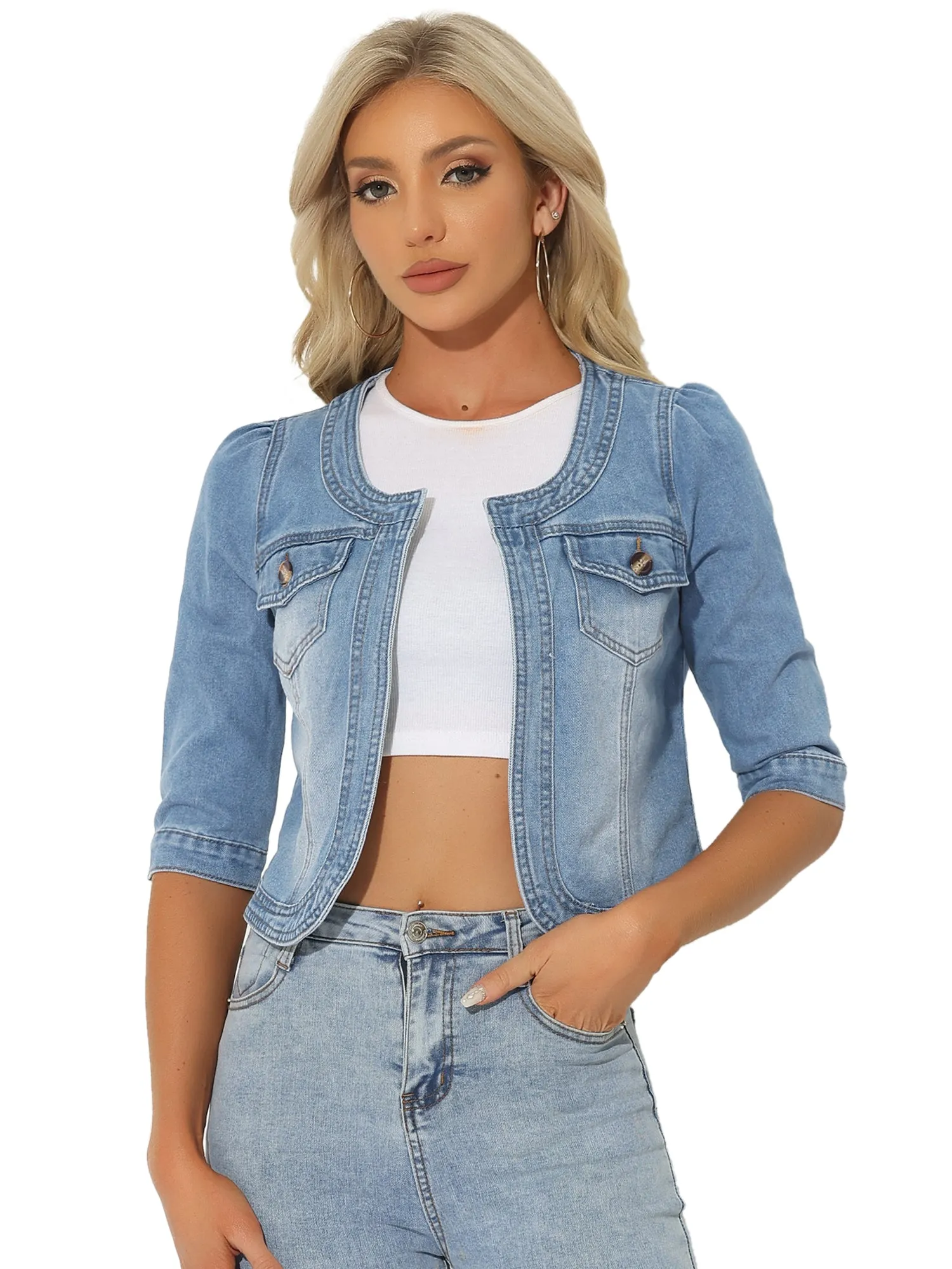 Denim Collarless Pockets 3/4 Sleeve Feminine Style Jacket