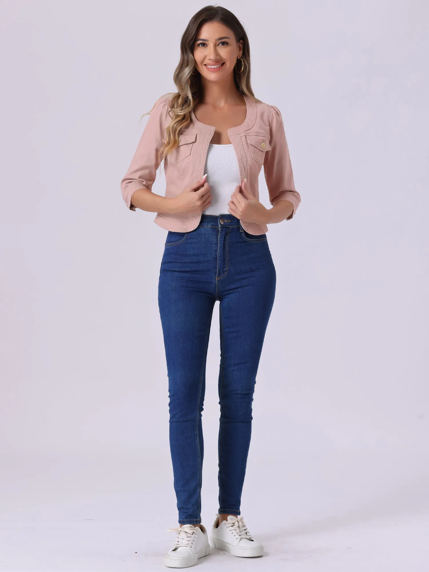 Denim Collarless Pockets 3/4 Sleeve Feminine Style Jacket