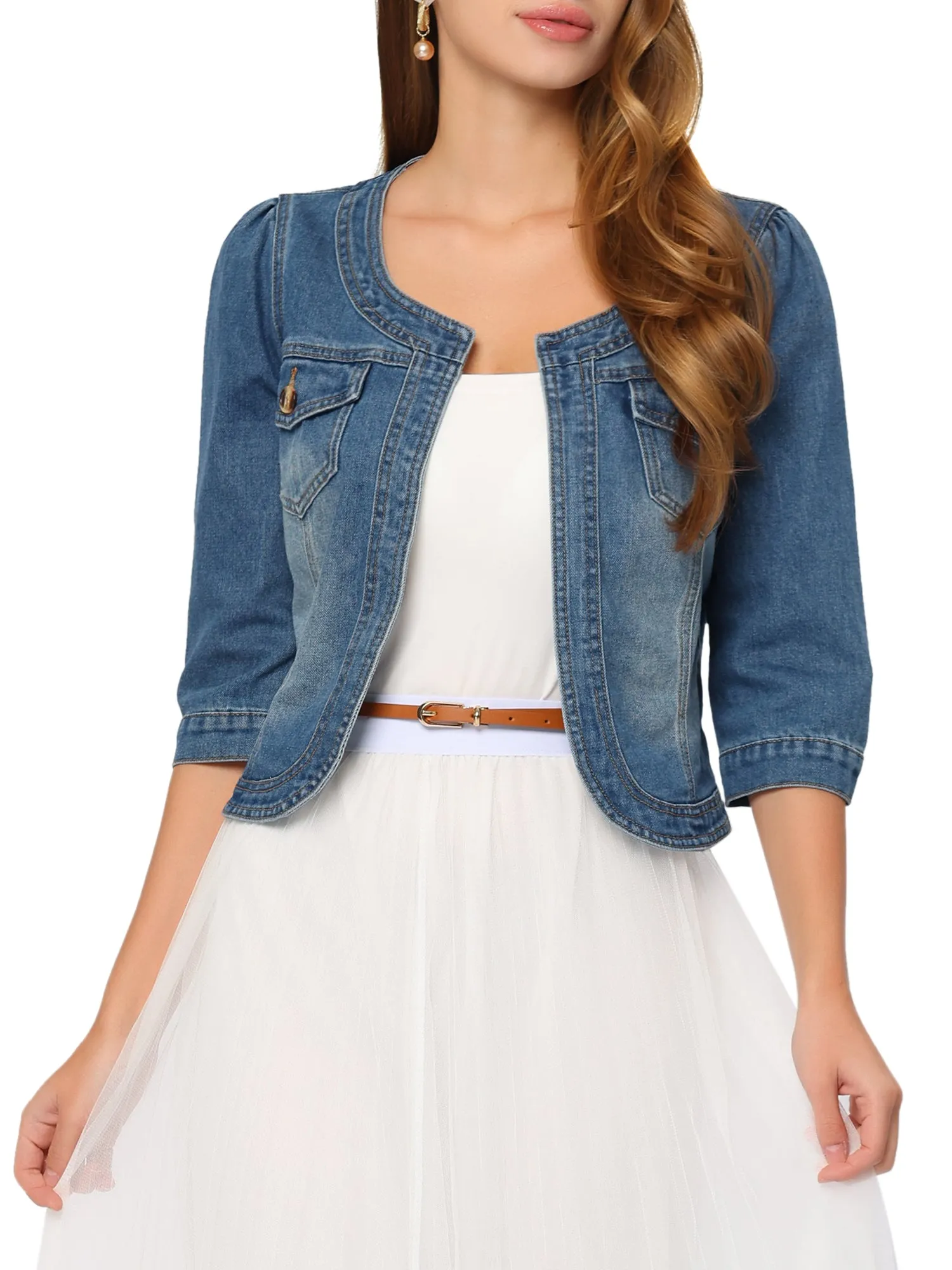 Denim Collarless Pockets 3/4 Sleeve Feminine Style Jacket