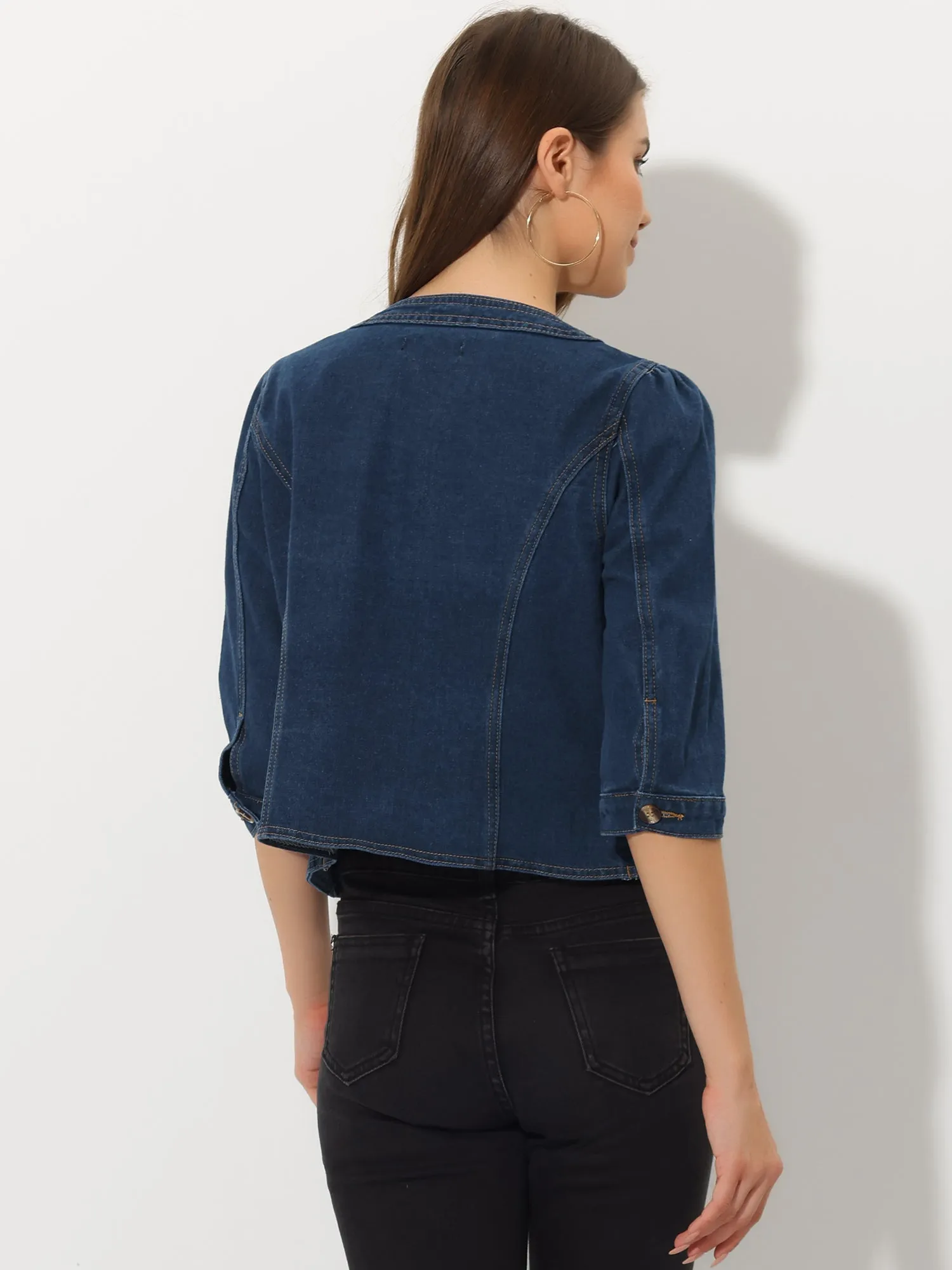 Denim Collarless Pockets 3/4 Sleeve Feminine Style Jacket