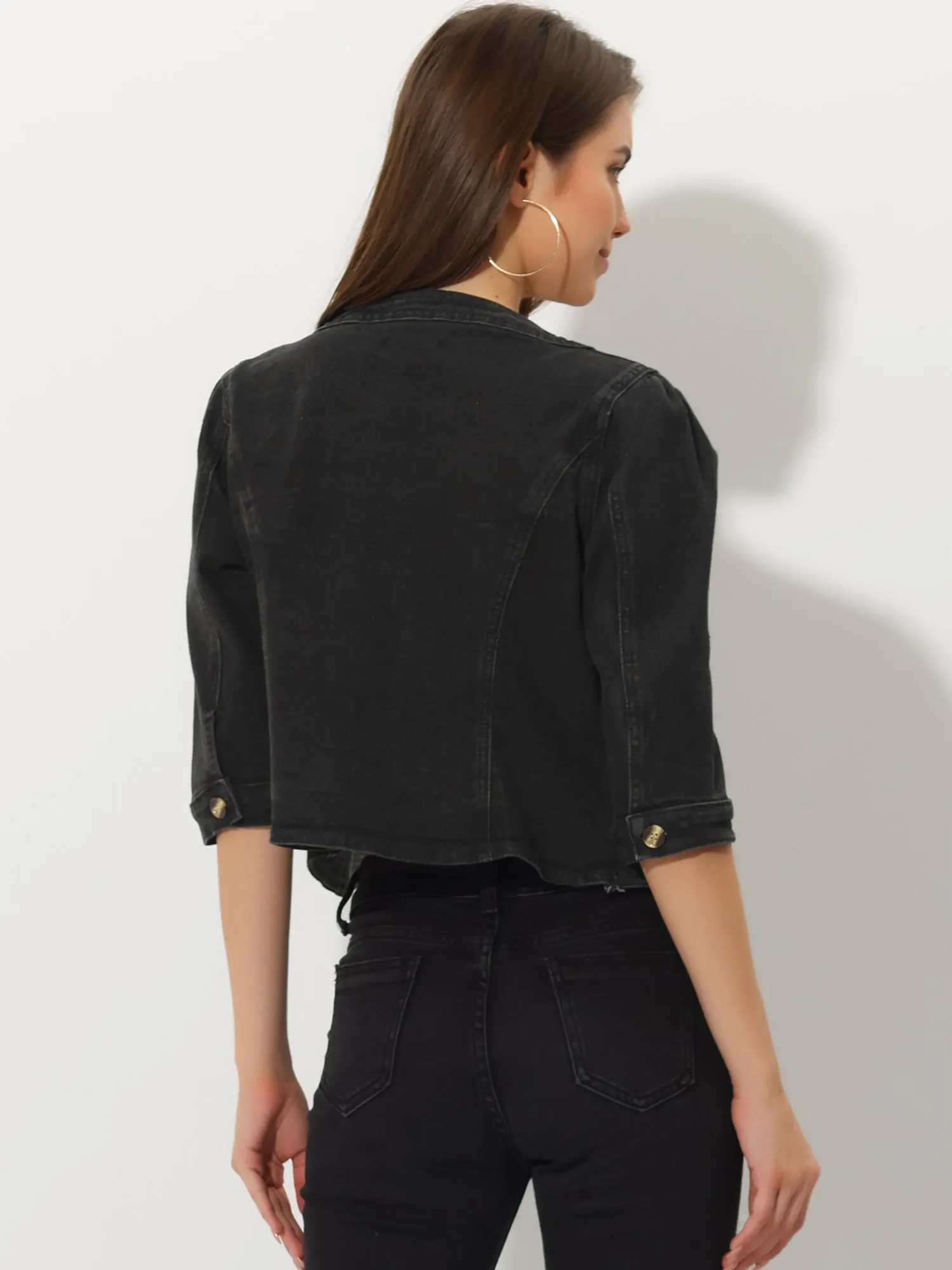 Denim Collarless Pockets 3/4 Sleeve Feminine Style Jacket