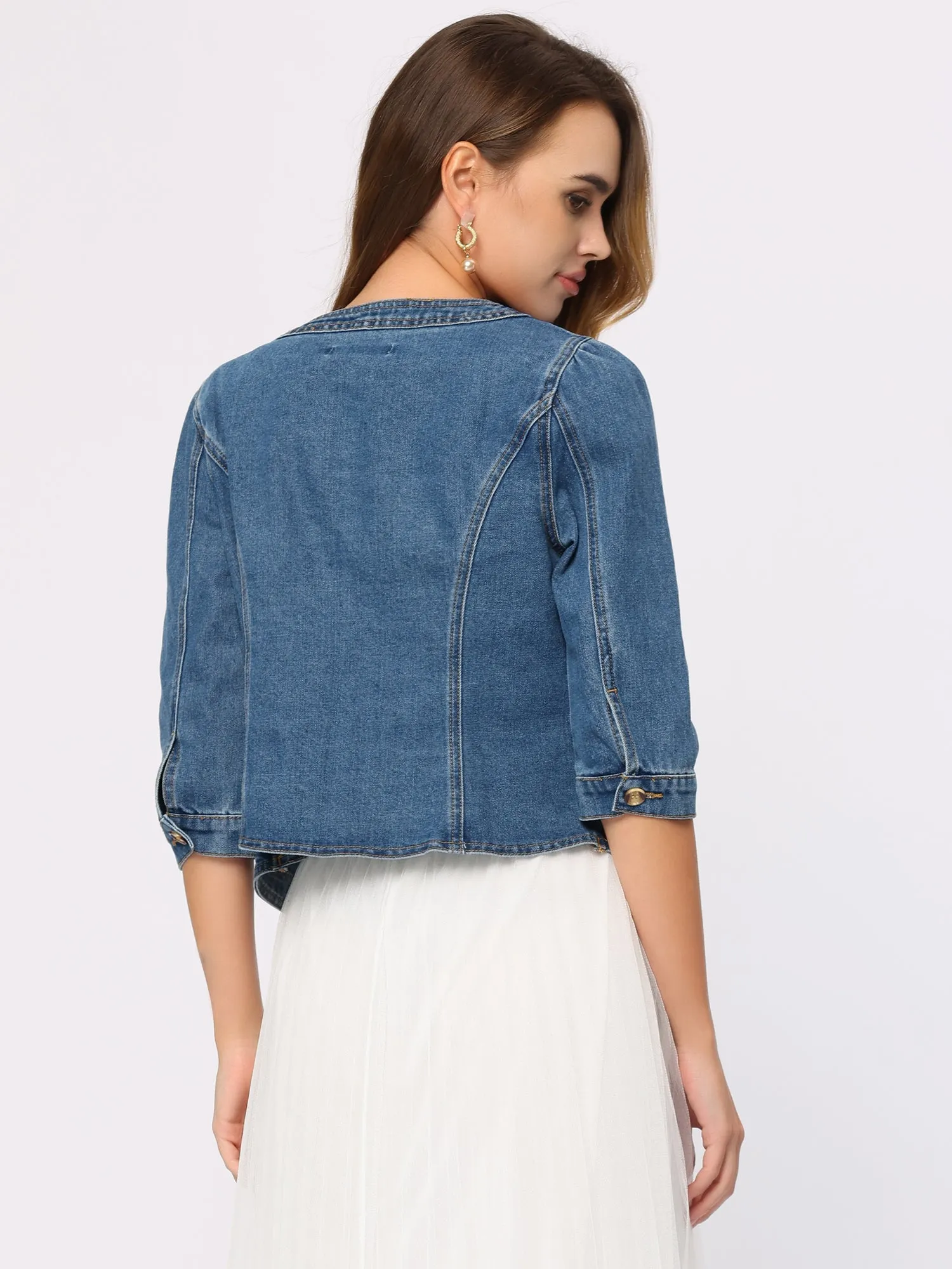 Denim Collarless Pockets 3/4 Sleeve Feminine Style Jacket