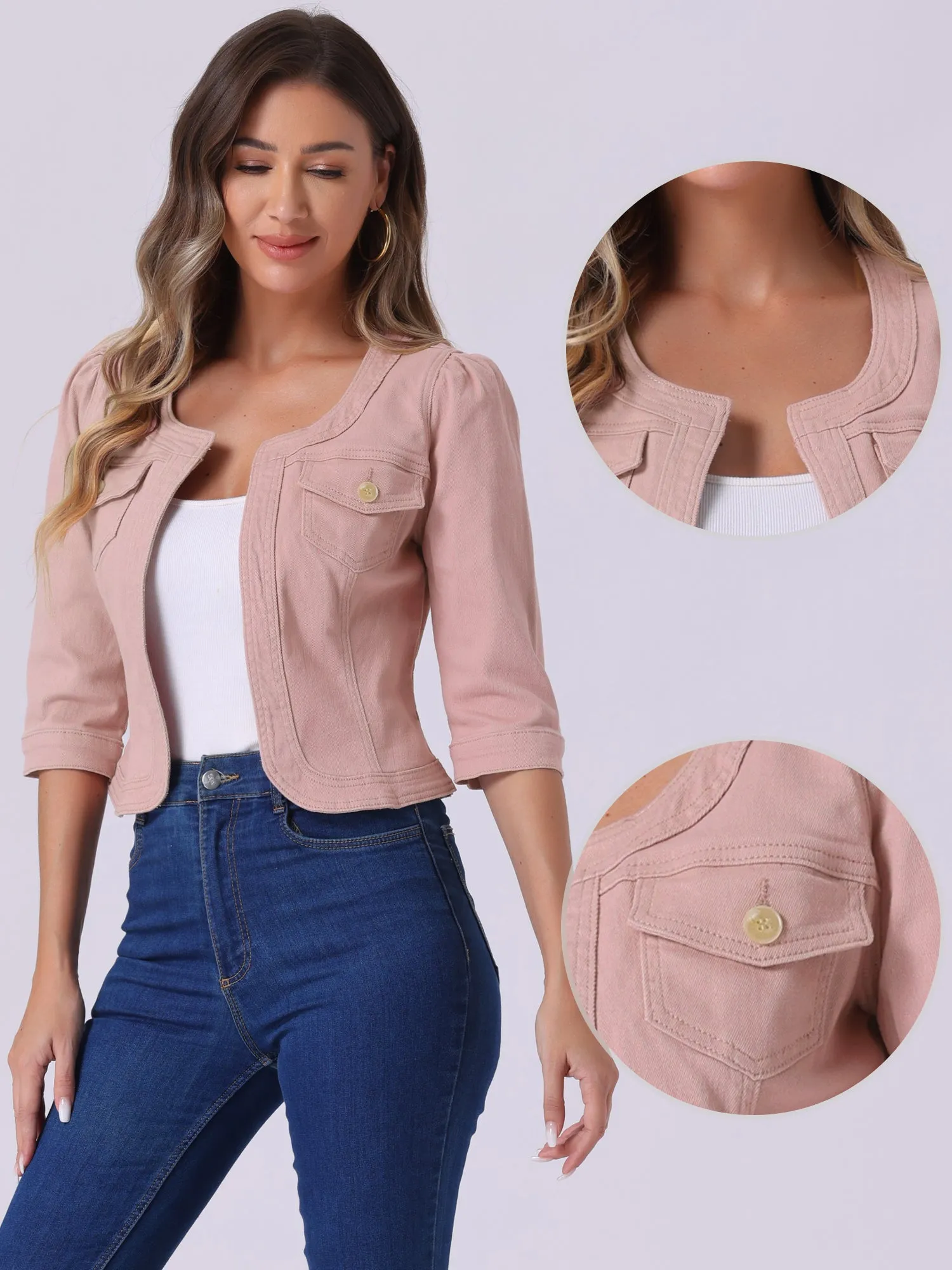 Denim Collarless Pockets 3/4 Sleeve Feminine Style Jacket