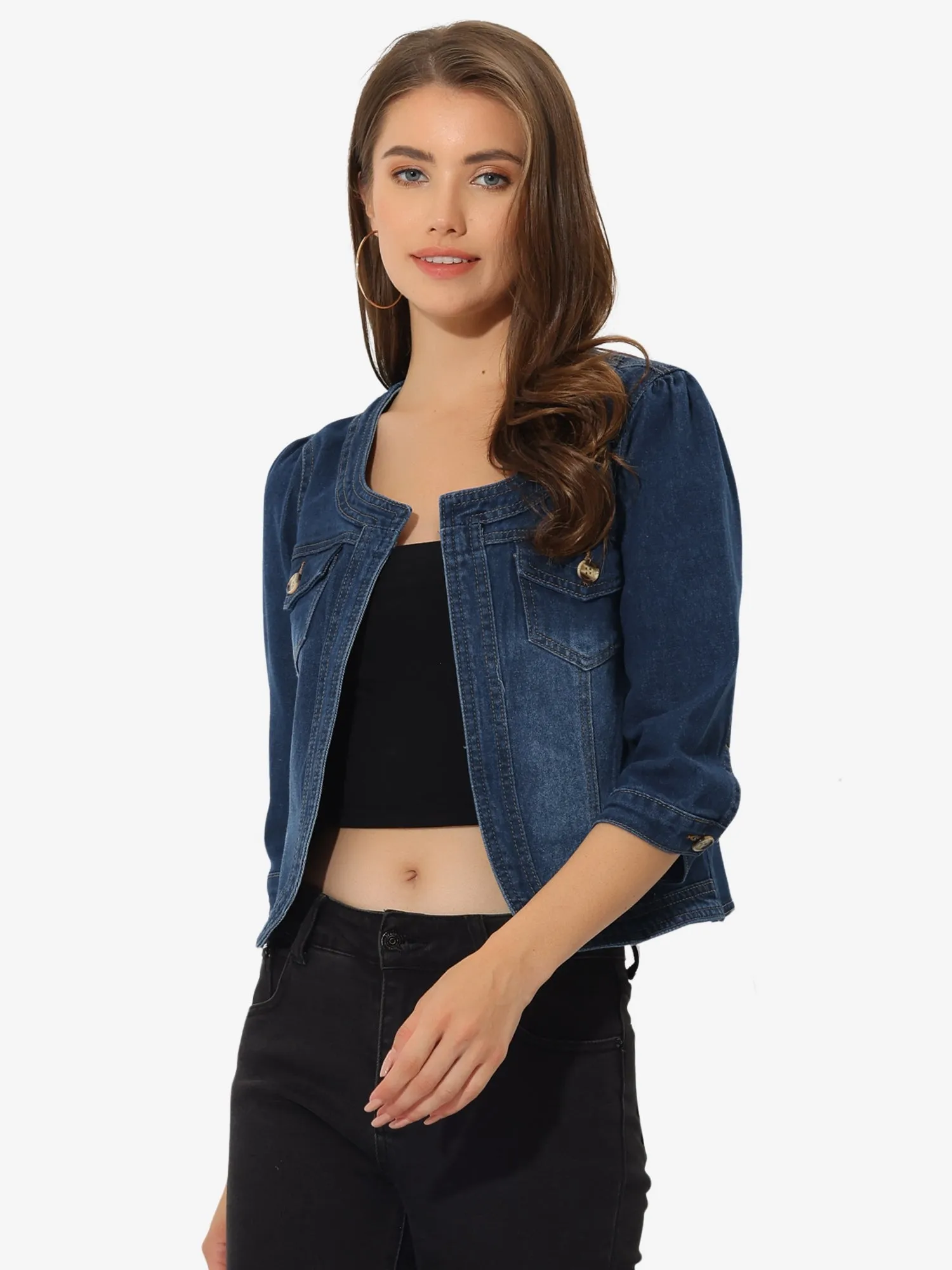 Denim Collarless Pockets 3/4 Sleeve Feminine Style Jacket