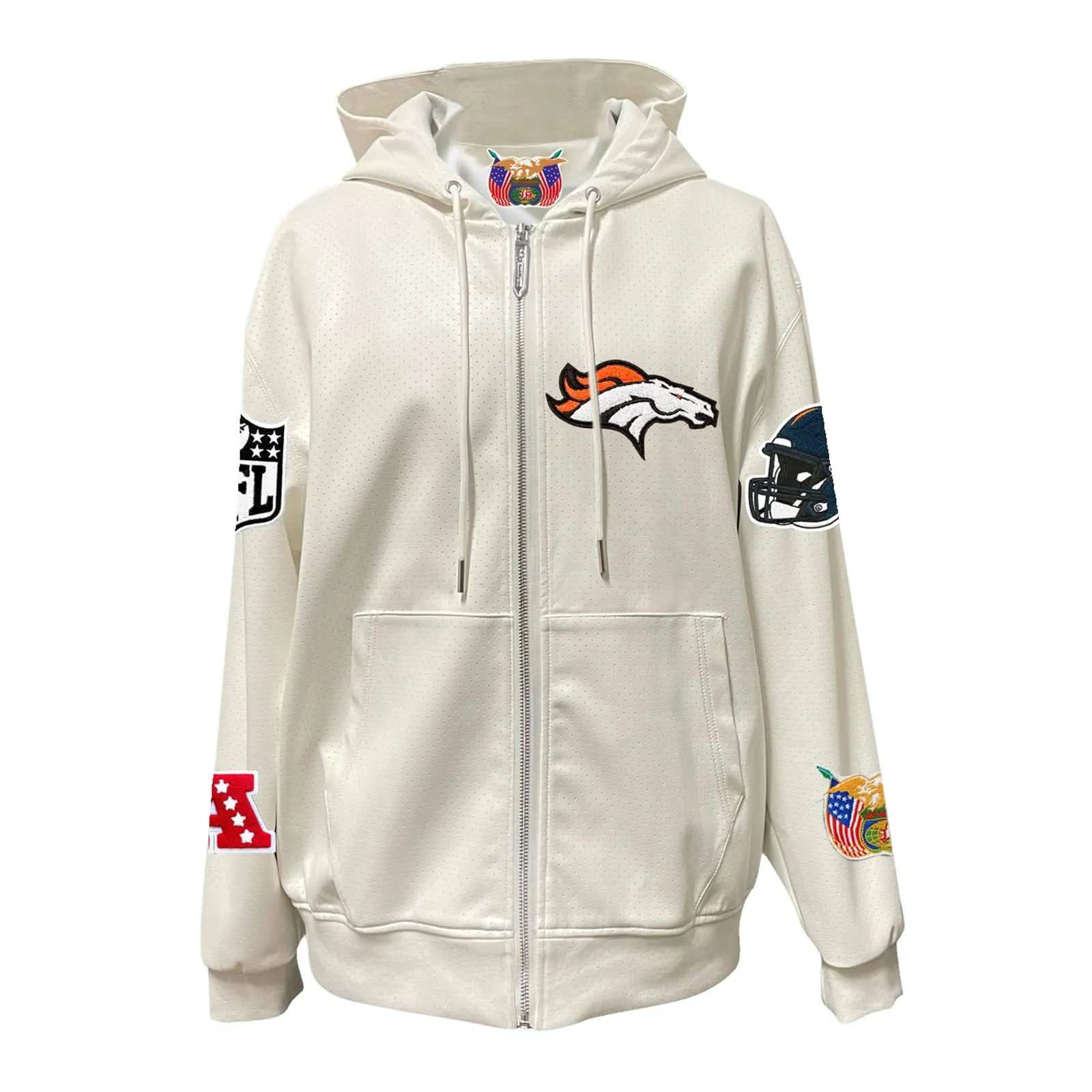 DENVER BRONCOS LIGHTWEIGHT VEGAN ZIP-UP HOODED JACKET WHITE