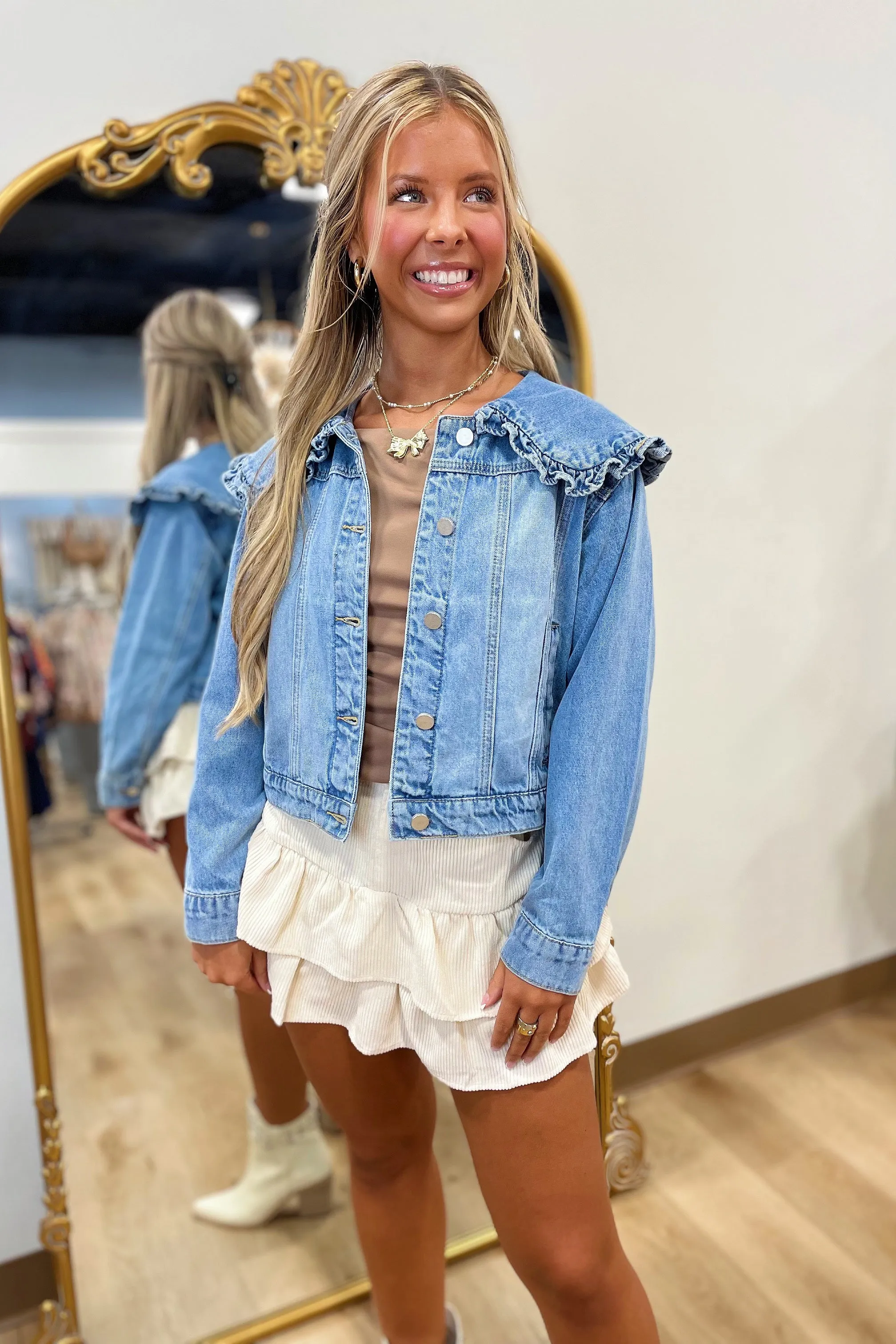 Frilly Sailor Collar Denim Jacket Mineral Washed