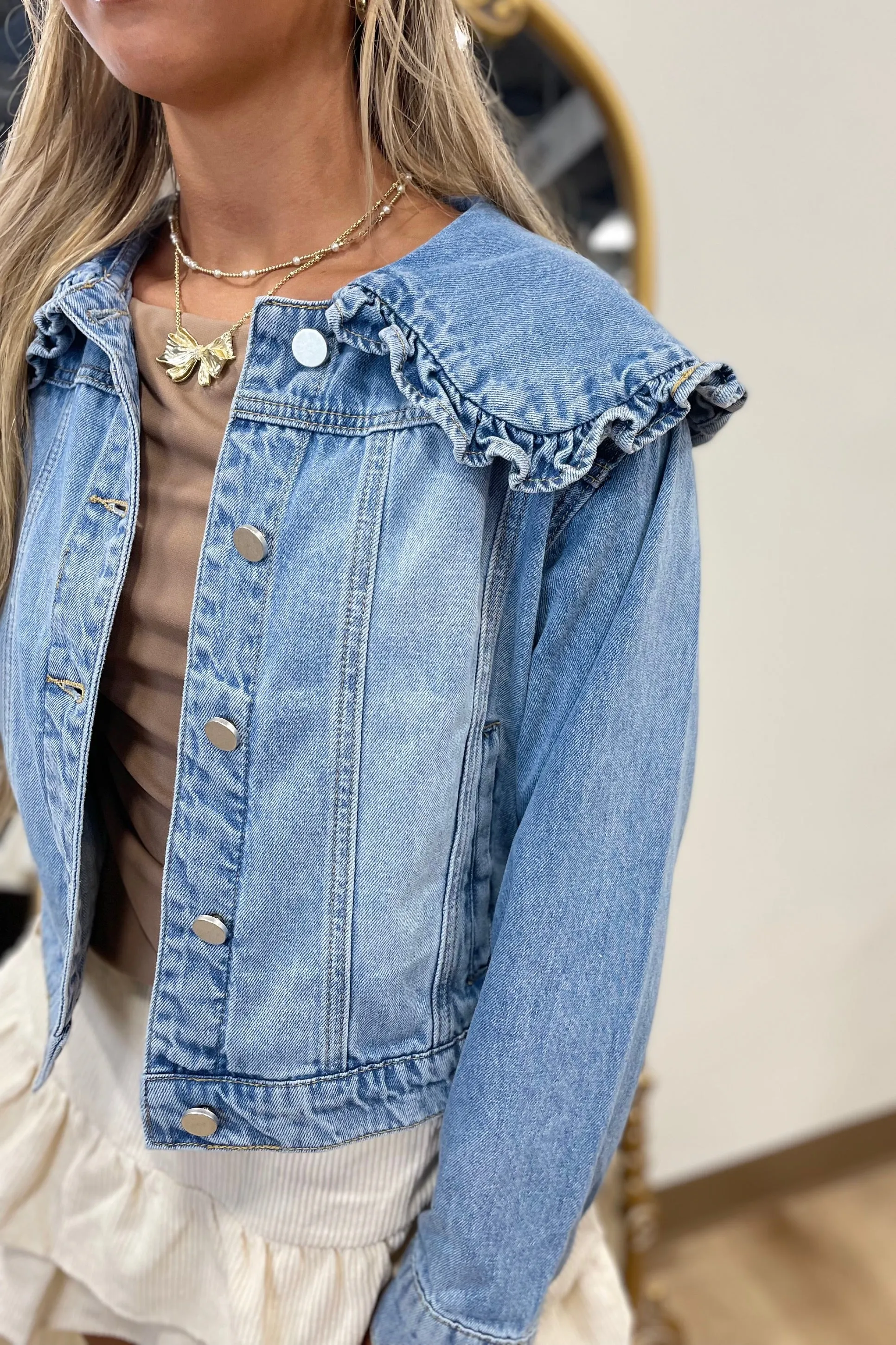 Frilly Sailor Collar Denim Jacket Mineral Washed