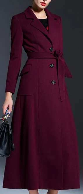 Full-Length Tie-Waist Coat in Wine Red