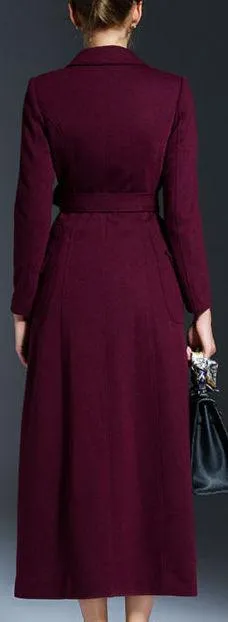 Full-Length Tie-Waist Coat in Wine Red