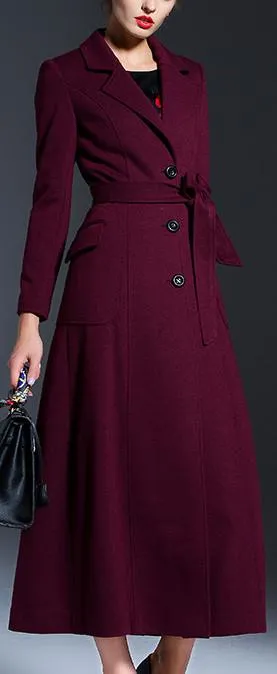 Full-Length Tie-Waist Coat in Wine Red