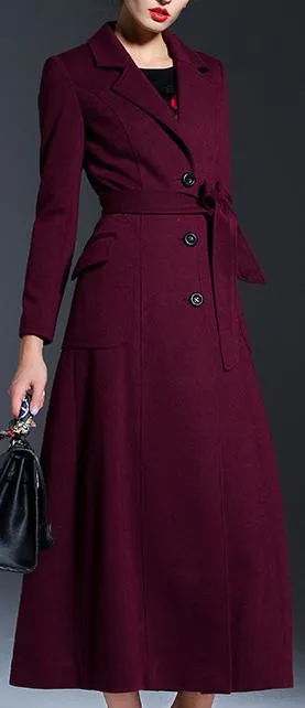 Full-Length Tie-Waist Coat in Wine Red