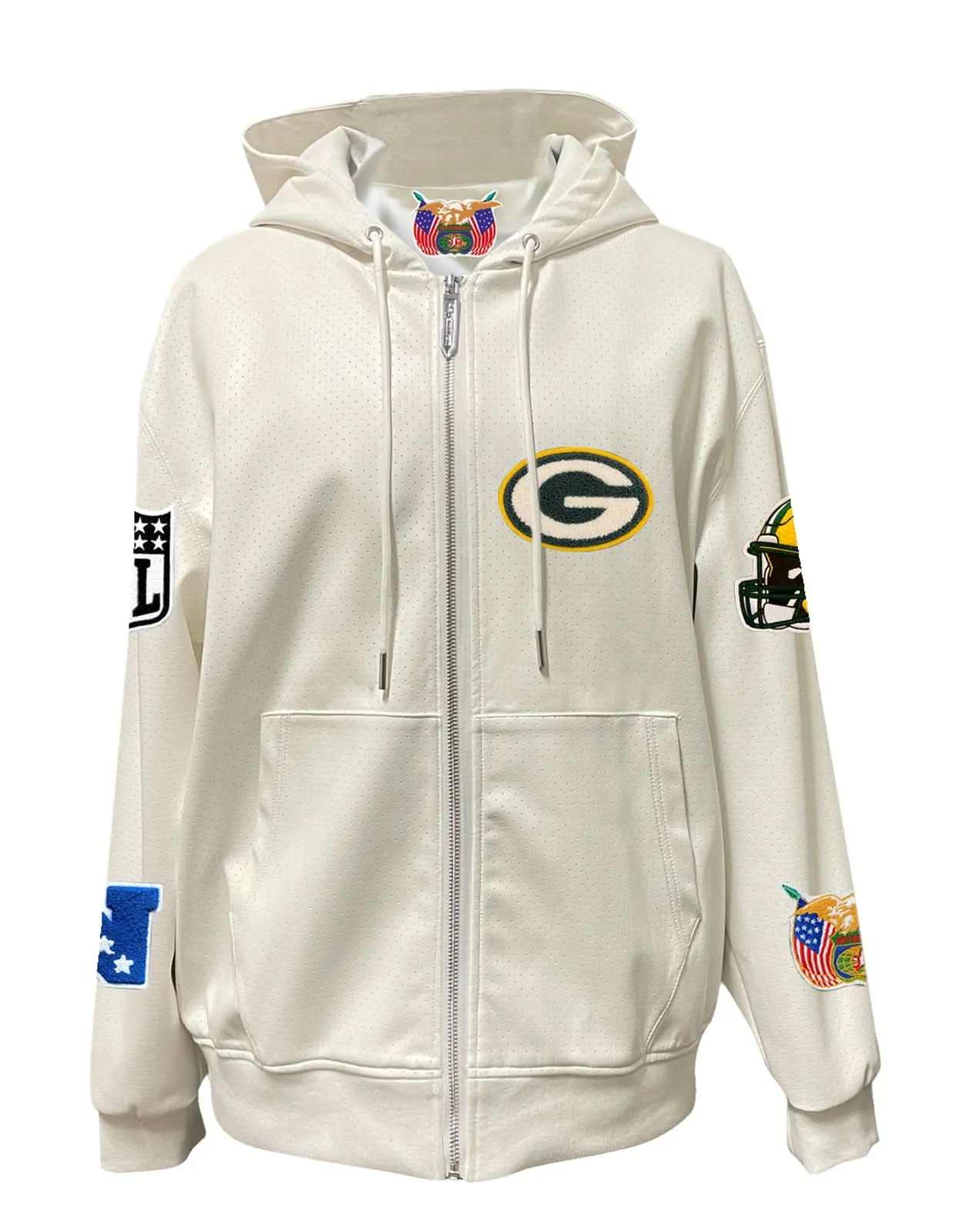 GREEN BAY PACKERS LIGHTWEIGHT VEGAN ZIP-UP HOODED JACKET WHITE