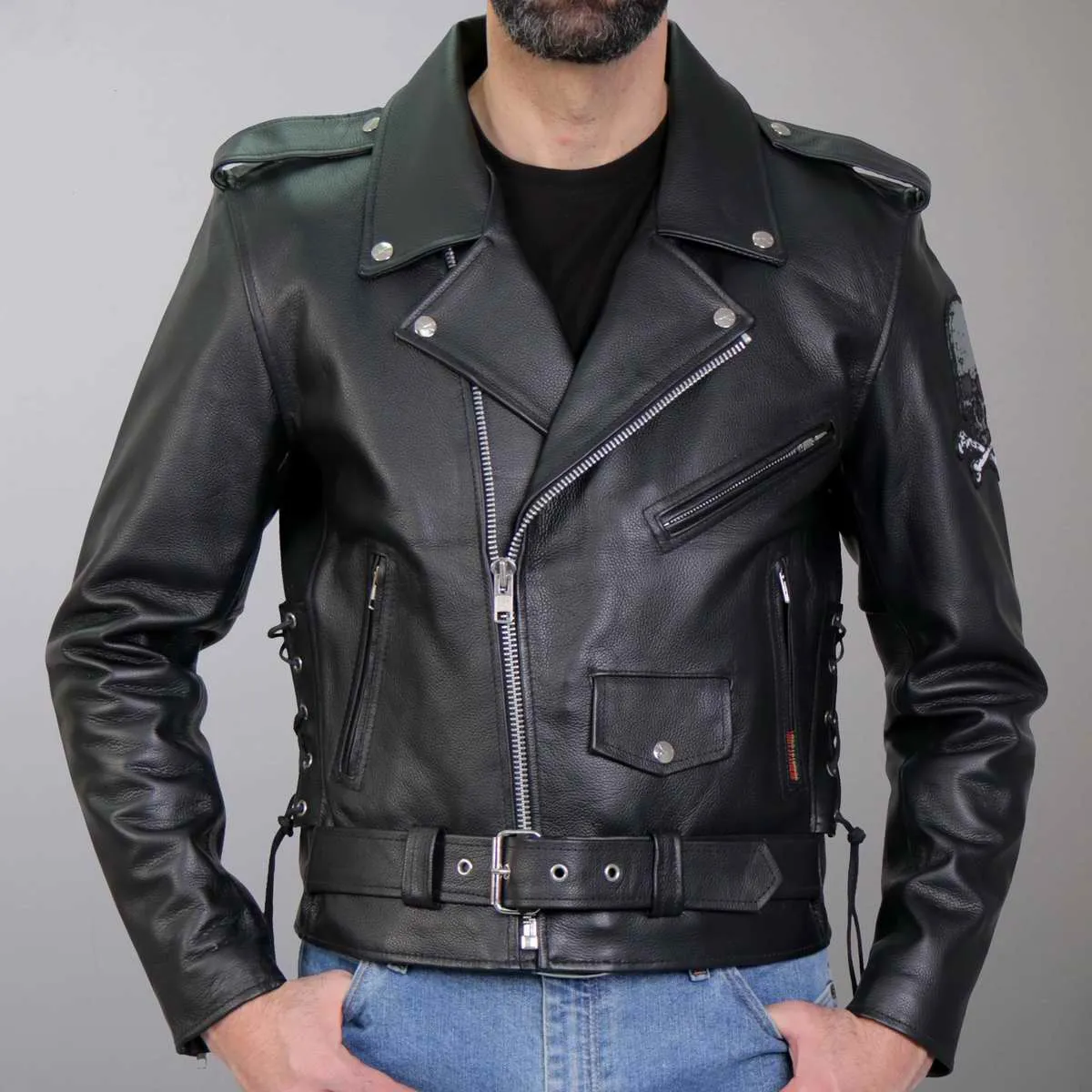 Hot Leathers JKM2001 Mens Black Skull And Crossbones' Motorcycle Leather Jacket