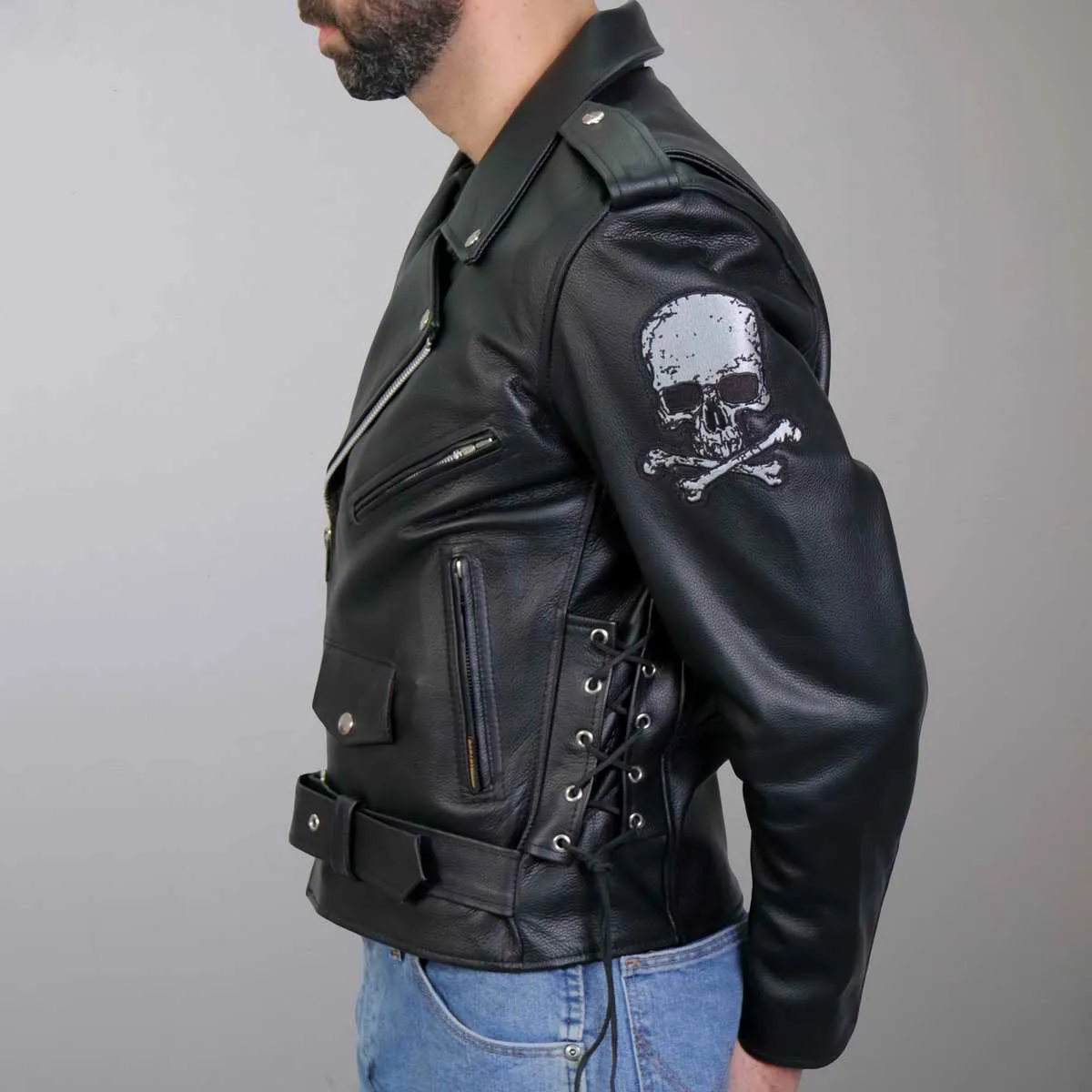 Hot Leathers JKM2001 Mens Black Skull And Crossbones' Motorcycle Leather Jacket