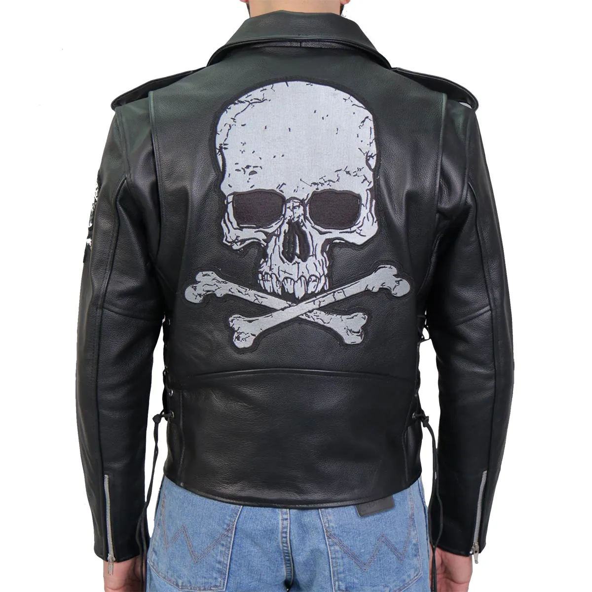 Hot Leathers JKM2001 Mens Black Skull And Crossbones' Motorcycle Leather Jacket