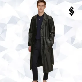 Mens Retro Leather Vintage Long Trench Coat