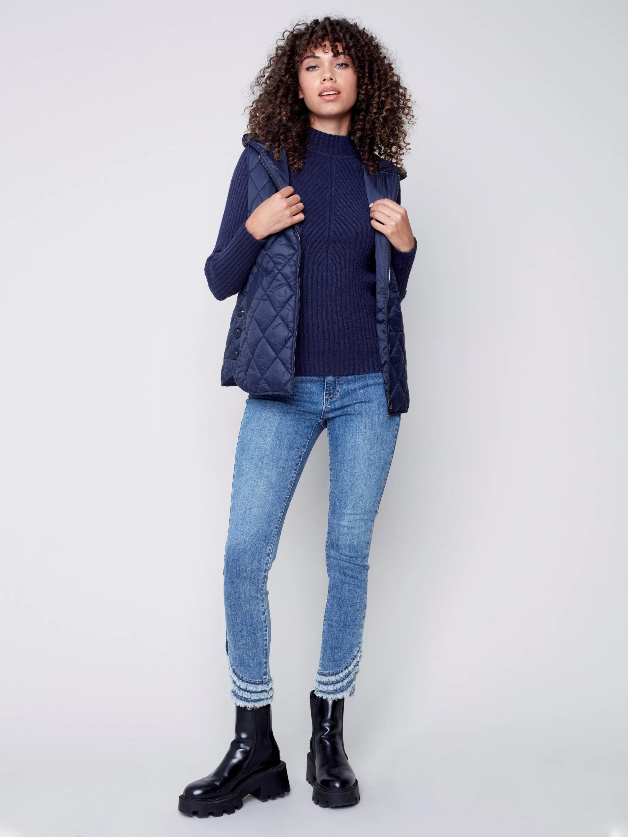 Quilted Puffer Vest with Hood - Navy