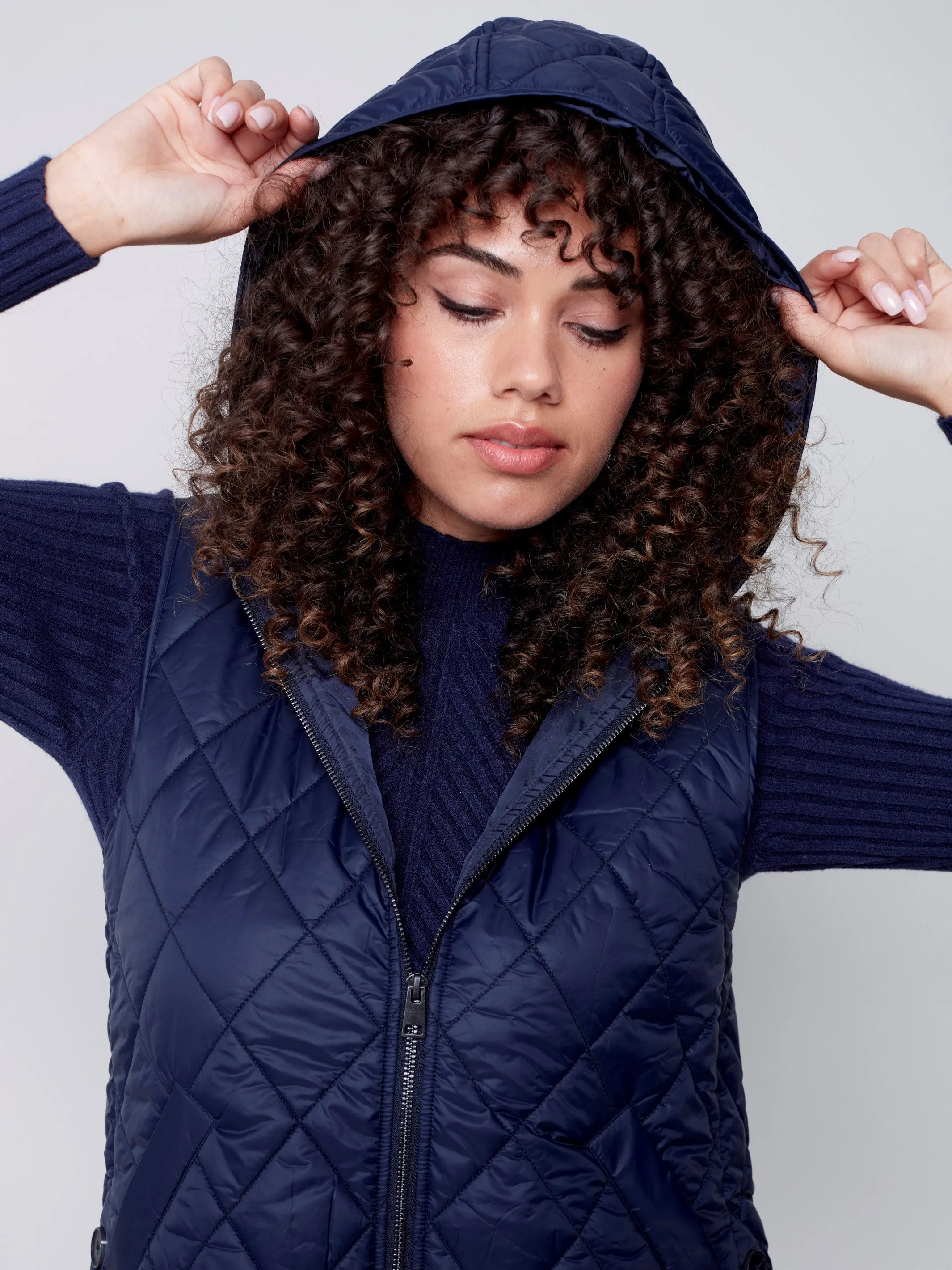 Quilted Puffer Vest with Hood - Navy