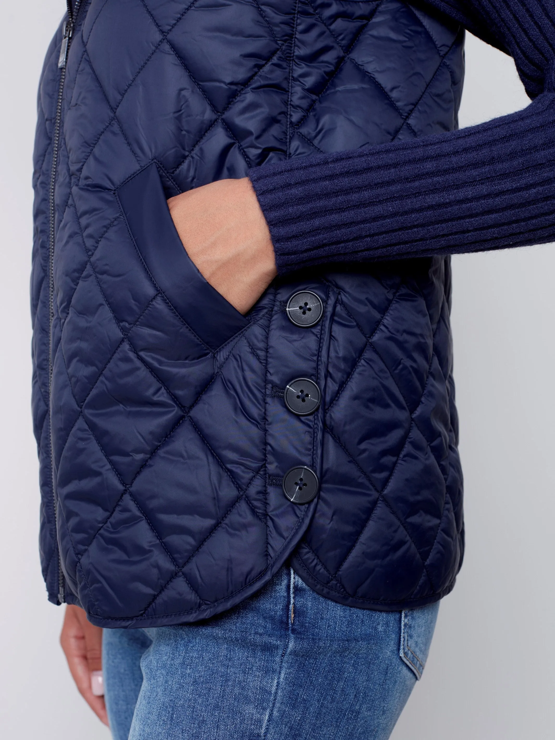 Quilted Puffer Vest with Hood - Navy