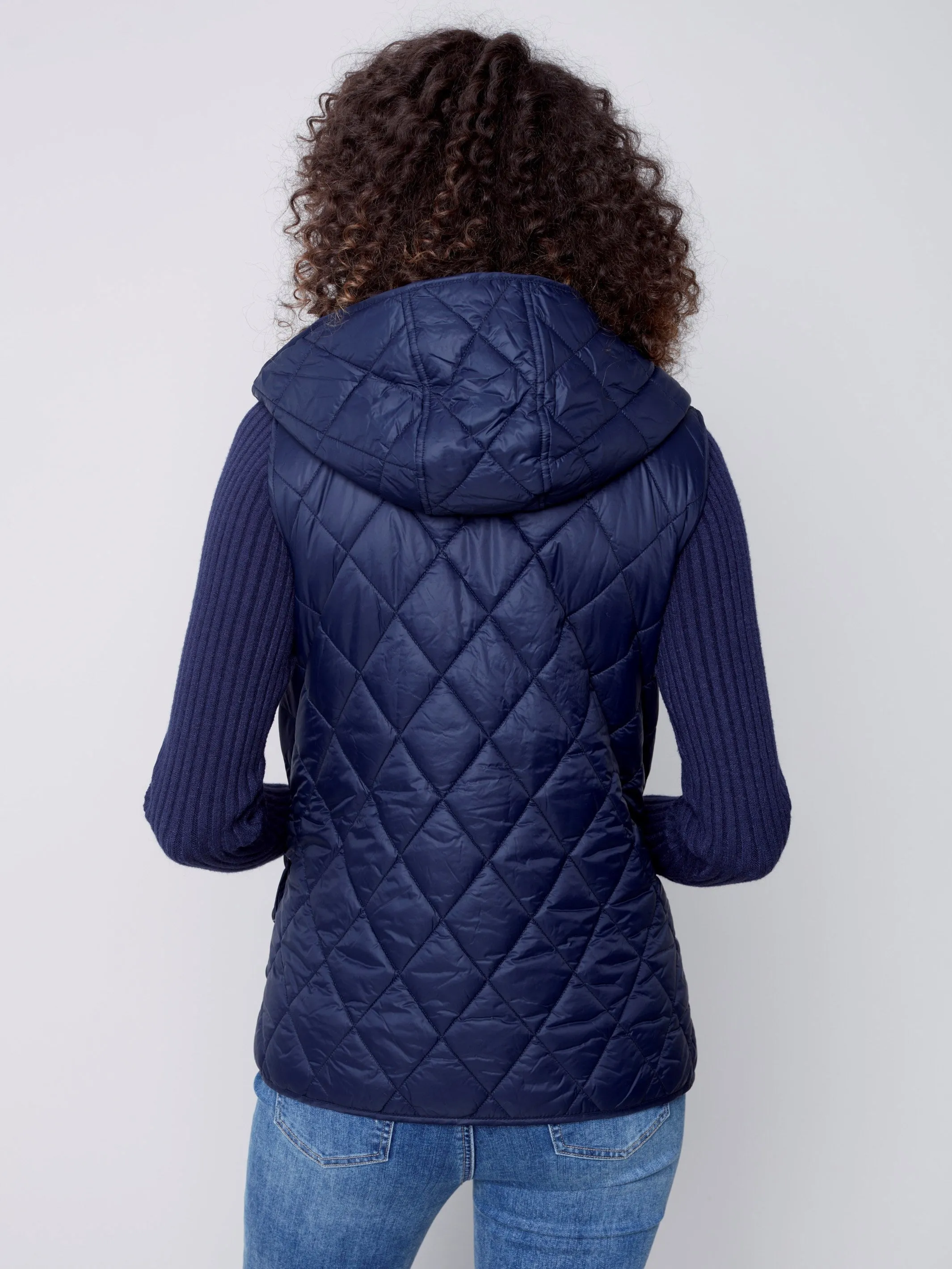 Quilted Puffer Vest with Hood - Navy